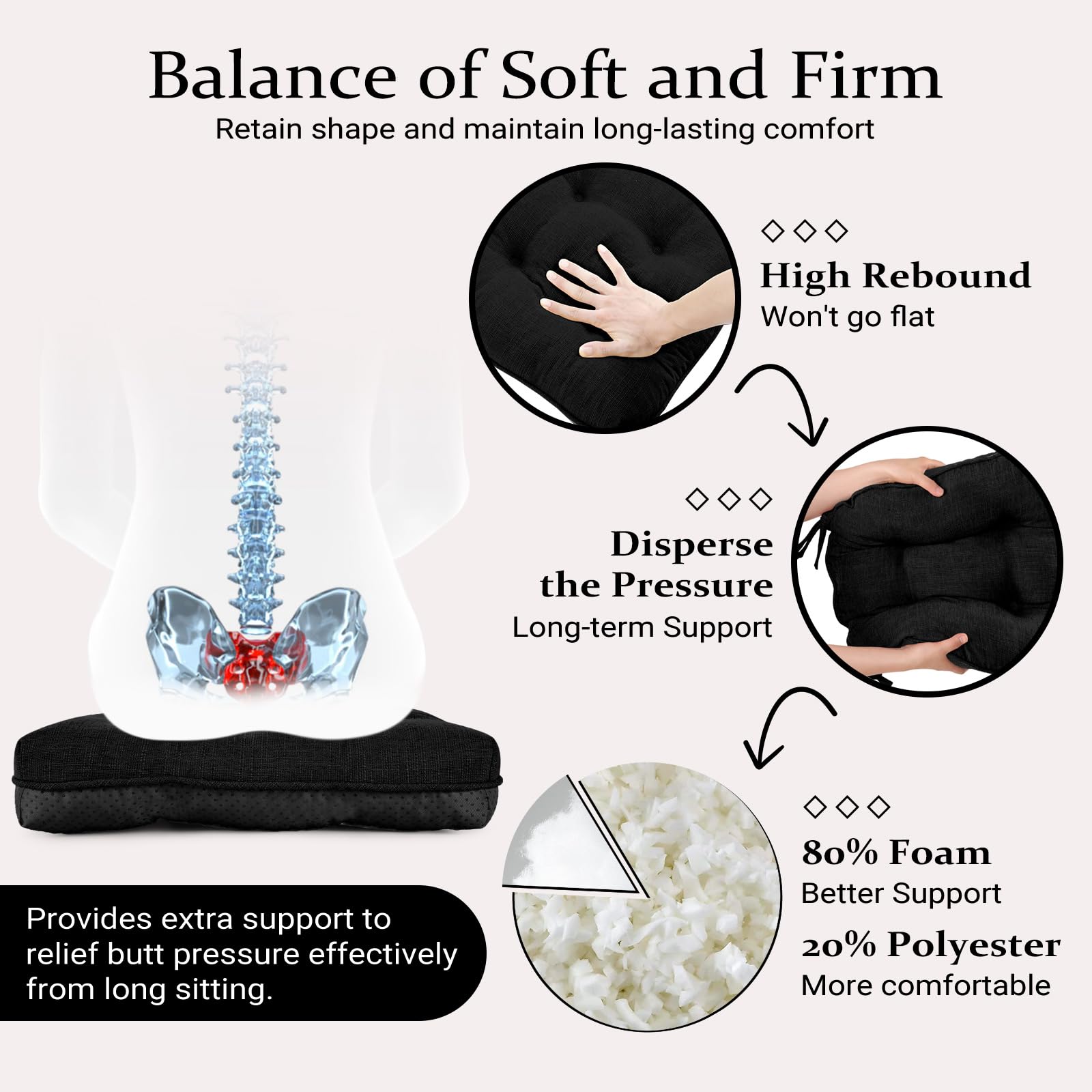 Wellsin Chair Cushions for Dining Chairs 2 Pack, 15.5" X 15.5" Kitchen Chair Cushions with Ties and Non-Slip Backing, Tufted Shredded Memory Foam Kitchen Chair Pads, Black