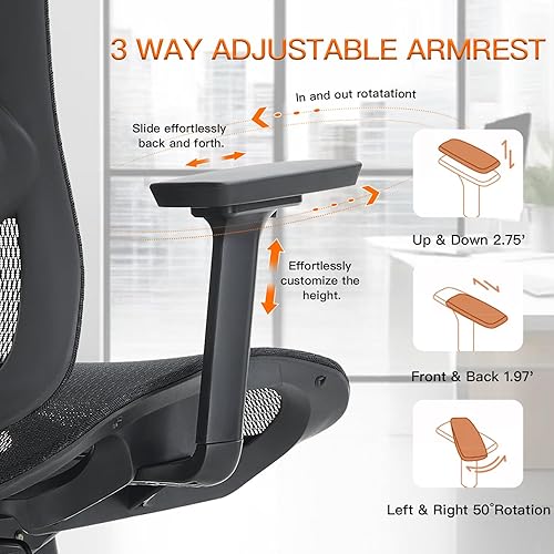 Miniatura 6 de Silla de oficina ergonómica con soporte lumbar, reposabrazos ajustable 3D, sillas de escritorio de oficina en casa de malla, silla giratoria para