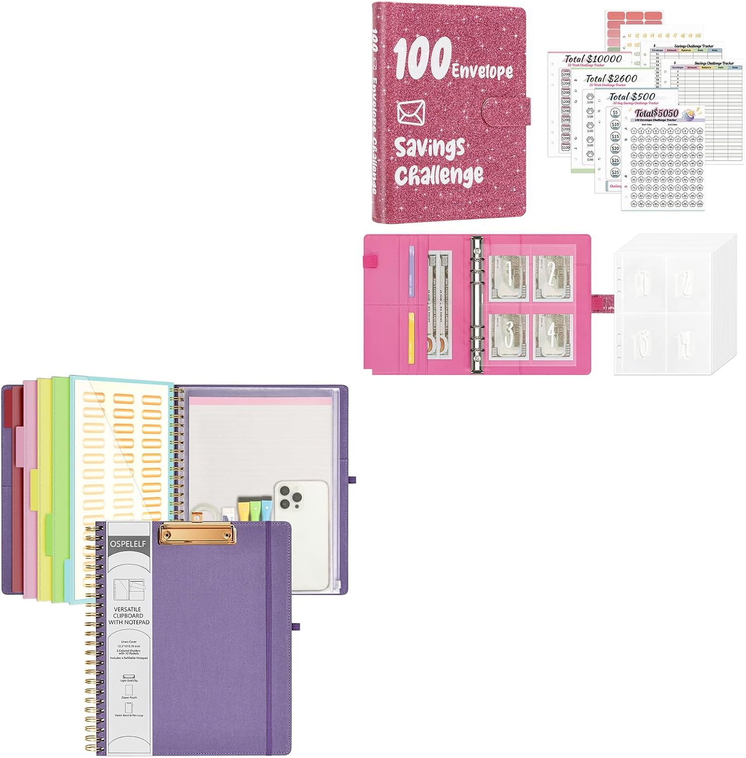 Ospelelf Foldable Spiral Clipboard Folio with Storage Zipper Pouch, 5 Plastic Folders with 10 Pockets,Refillable Lined Notepad (11" x 8.5"), Hardcover Project Organizer with 39 Stickers