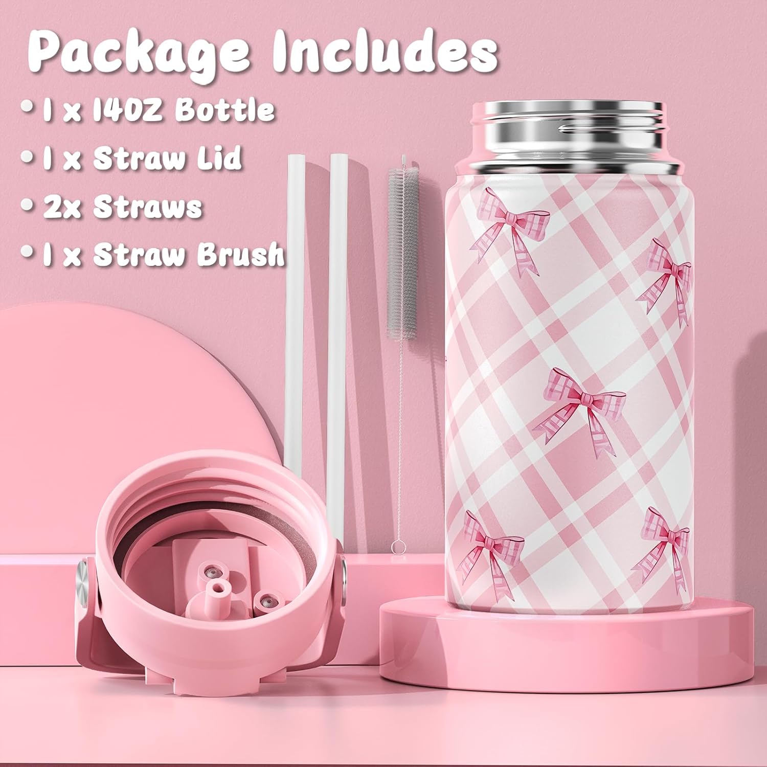 Backpack for Girls with Insulated Water Bottle, Bow Tie Plaid Bookbag for Girls Kids, 14oz Kids Water Bottle Stainless Steel, Lunch Bag & Pencial Case, Back To School Gift (Pink)