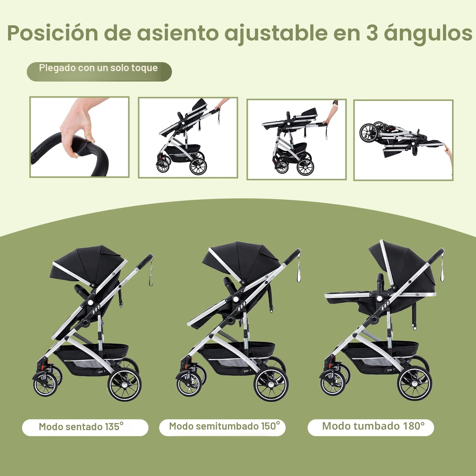 Gcarebb Cochecito 3 en 1, asientos de coche y cochecito plegable portátil con un solo clic, combinados de paisaje con marco de aluminio alto para recién nacidos de 0 a 4