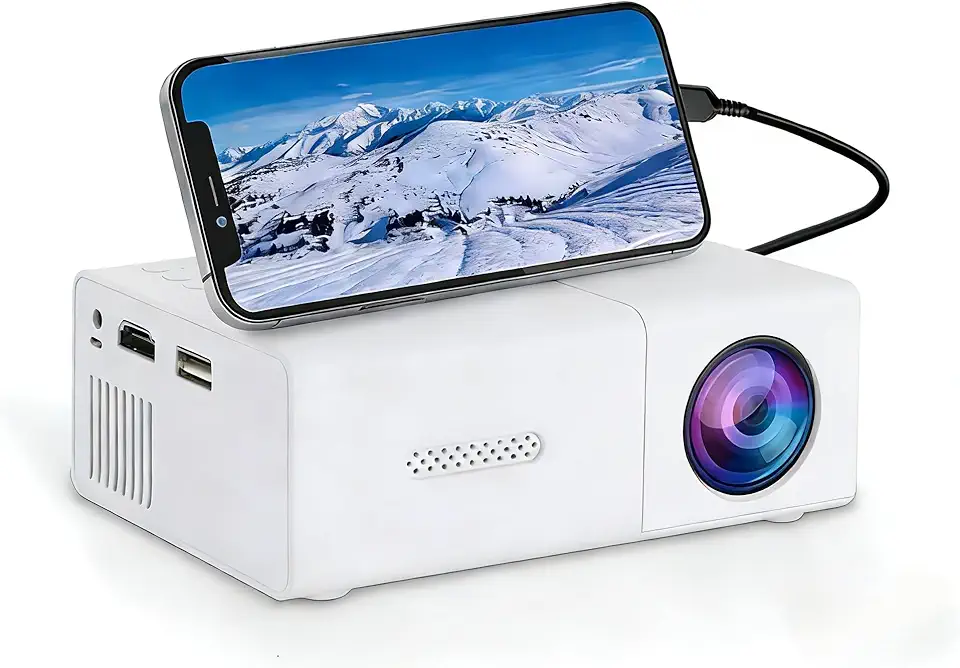 Mini projetor portátil, projetores de tela com alto-falantes embutidos, projetor de filmes externo/interno, suporte para conexão de telefone ou laptop