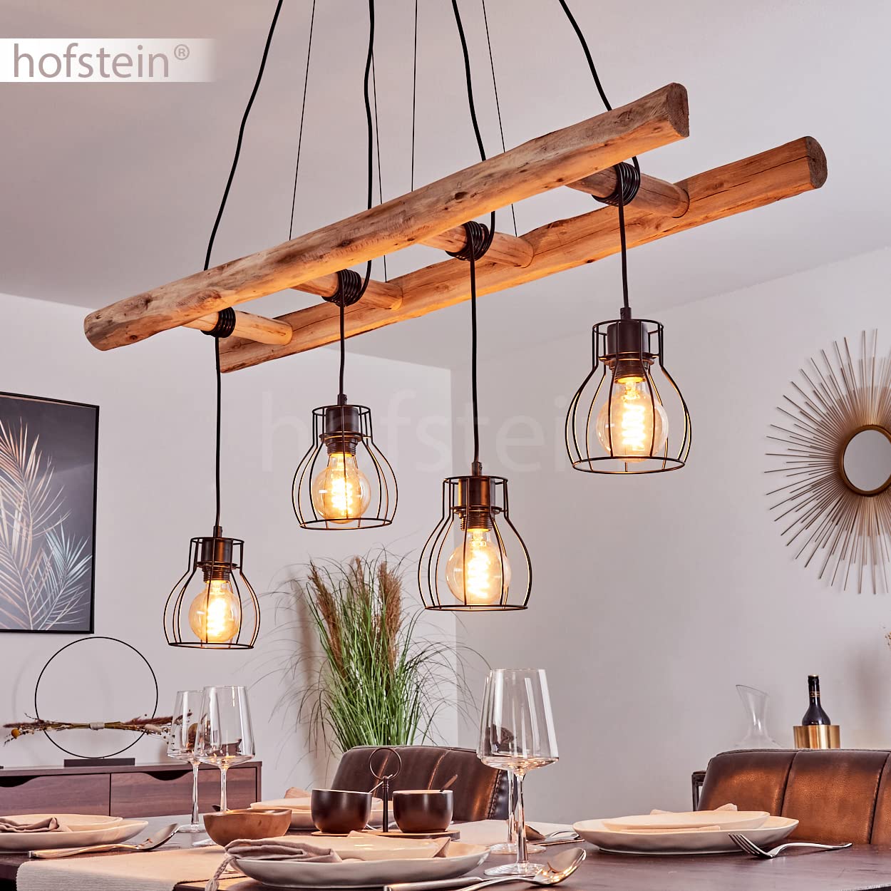 Lampada a sospensione Gondo, lampada allungata in metallo/legno in nero/legno, lampada a soffitto a 4 luci, paralumi a reticolo, regolabile individualmente, altezza massima 193cm, E27, senza lampadine
