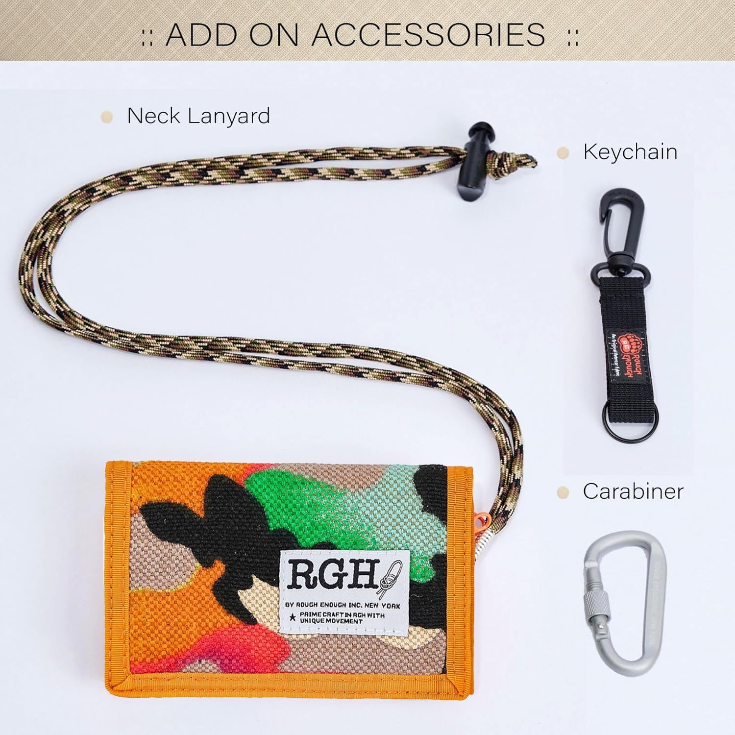 Rough Enough Boys Wallet for Teens 12-14 Adjustable Neck Lanyard Carabiner Heavy Duty Canvas Trifold Orange Camo Vintage for College Camp Sports - Image 6