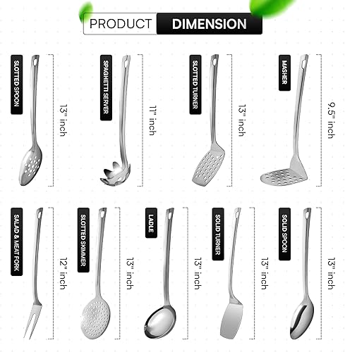 Miniatura 2 de Juego de 9 utensilios de cocina de acero inoxidable de alta calidad, utensilios de cocina de metal, antiadherentes, resistentes al calor, cucharón,