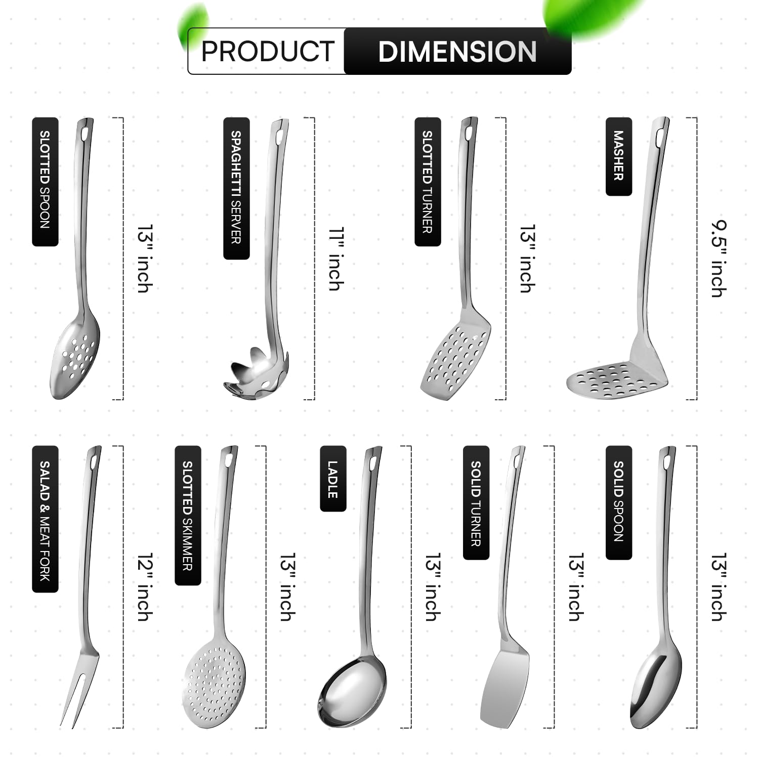 Edelstahl Kochutensilien Set 9-tlg Metall Küchenhelfer Set 33cm | Hochwertige Kochutensilien, hitzebeständig, spülmaschinenfest, strapazierfähig