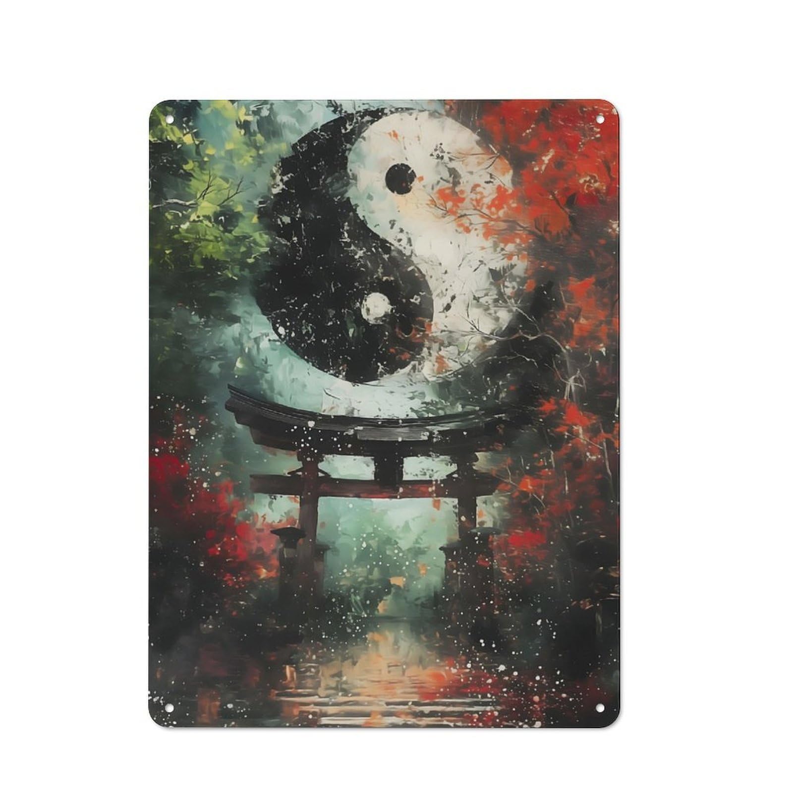 Junmoney Torii Gate Yin And Yang Retro Tin Wall Plaque 40X30cm For Home Office Or Studio, Wall Decoration For Home Offices And Studios