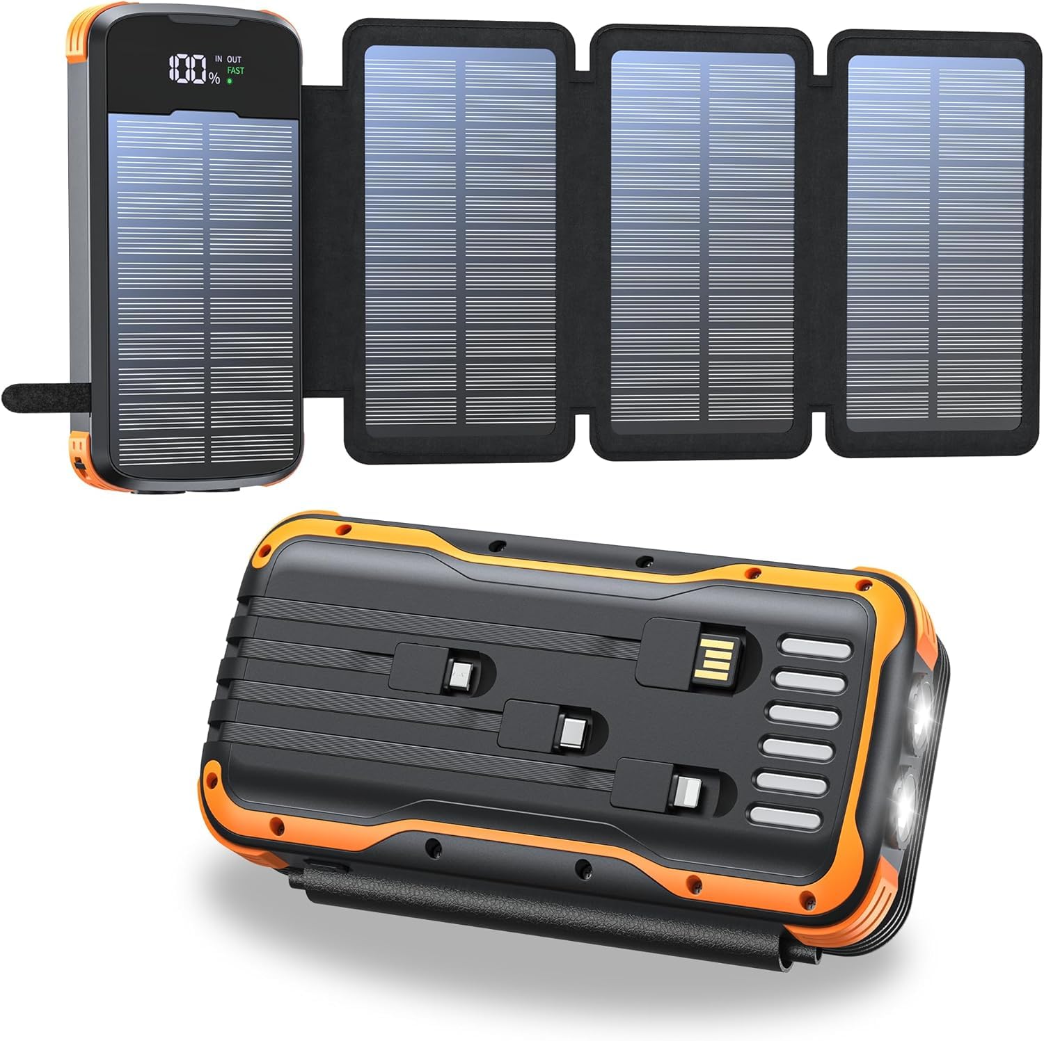 Solaire Power Bank 20000mAh, Chargeur Portable avec 4 Panneaux Solaire, 4 Câbles, Banque d'Énergie Solaire USB C avec Batterie Externe et 2 Lumières de Poche LED, pour Smartphones, Tablettes (Orange)