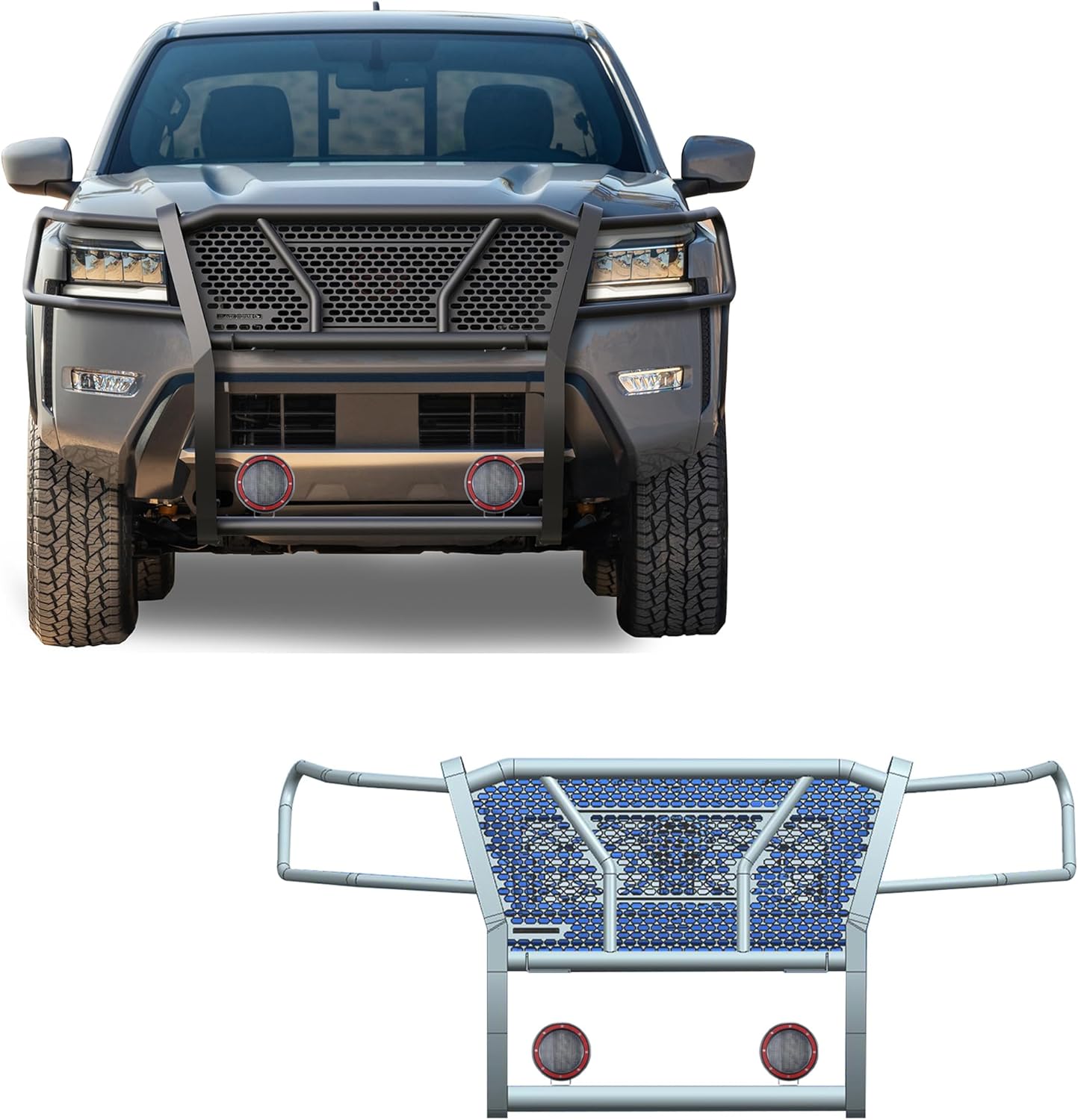 Black Horse Rugged Heavy Duty Grille Brush Bumper Guard Modular Black Come with Pair of 5.3" Dia.LED Lights with Red Trim Rings Compatible with 2022-2026 Nissan Frontier-RU-NIFR22-B-PLFR