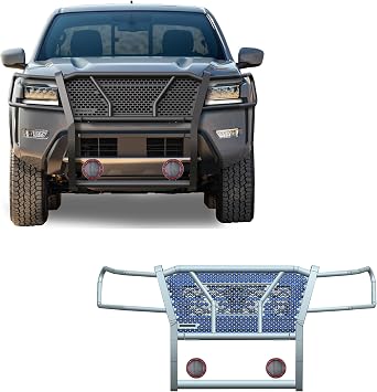 Black Horse Rugged Heavy Duty Grille Brush Bumper Guard Modular Black Come with Pair of 5.3" Dia.LED Lights with Red Trim Rings Compatible with 2022-2026 Nissan Frontier-RU-NIFR22-B-PLFR