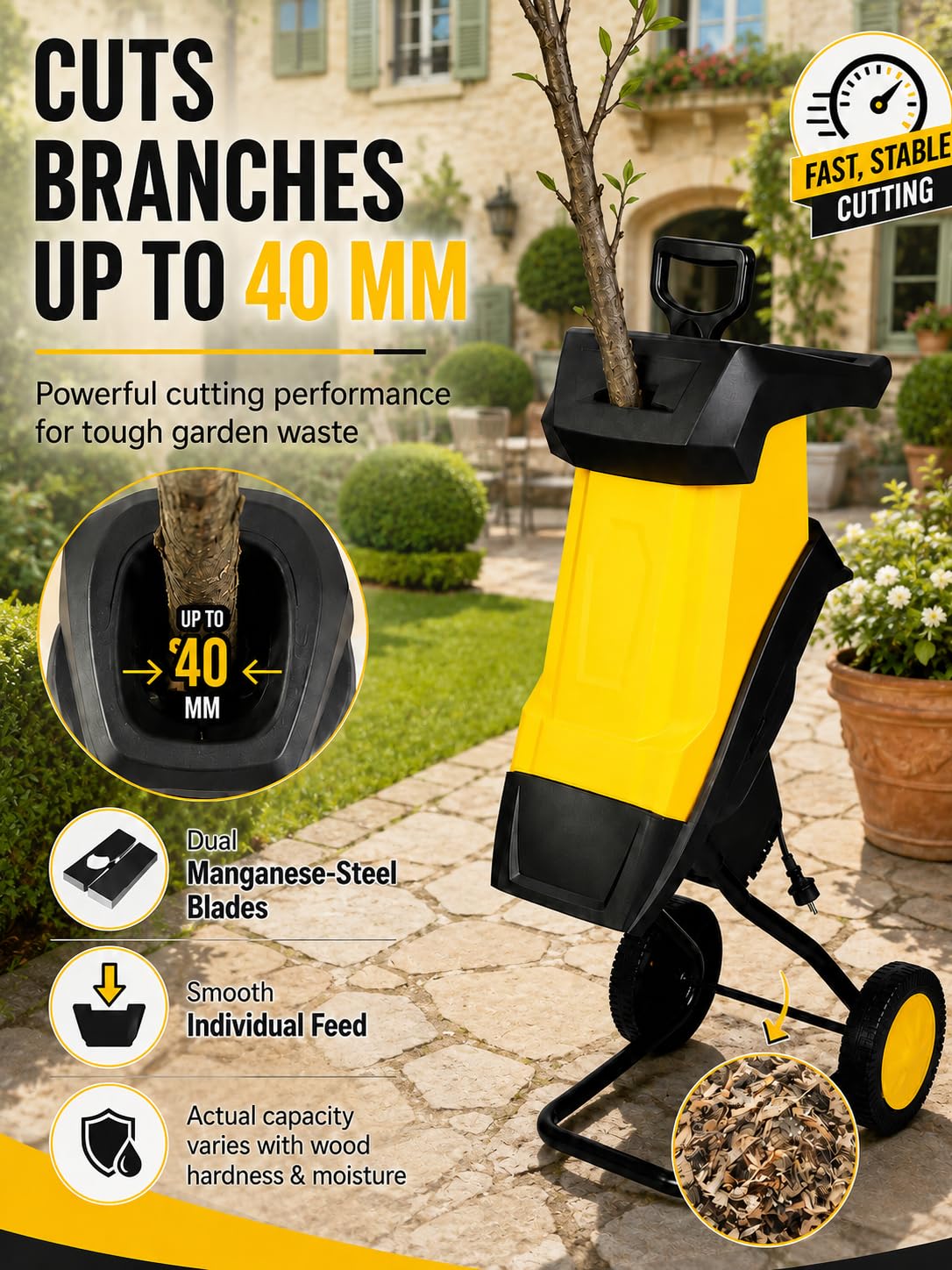 Trituradora de Jardín Eléctrica 2500 W 20m | Biotrituradora para Ramas, Ramitas y Setos hasta 40 mm, Motor de Cobre, Ruedas y Bolsa de Recogida