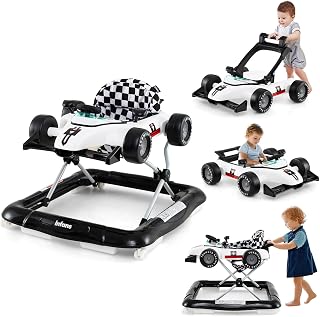 INFANS Foldable Adjustable Height Baby Walker with Padded Seat Music Light Removable Tray