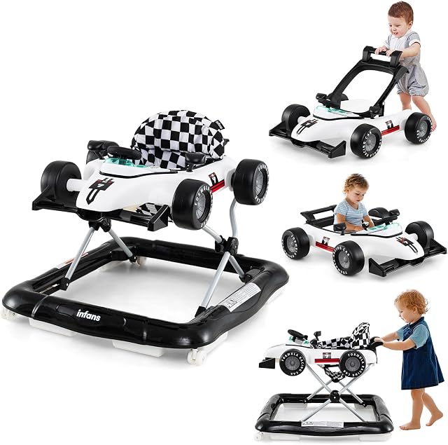 INFANS Foldable Adjustable Height Baby Walker with Padded Seat Music Light Removable Tray