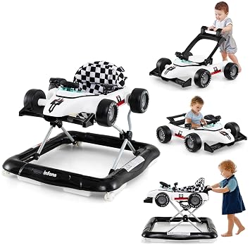 INFANS 4 in 1 Baby Walker, Foldable Toddler Activity Center with Adjustable Height, Padded Seat, Music, Light, Removable Tray, Push Walker for Girls Boys Aged 6-18 Months Ivory