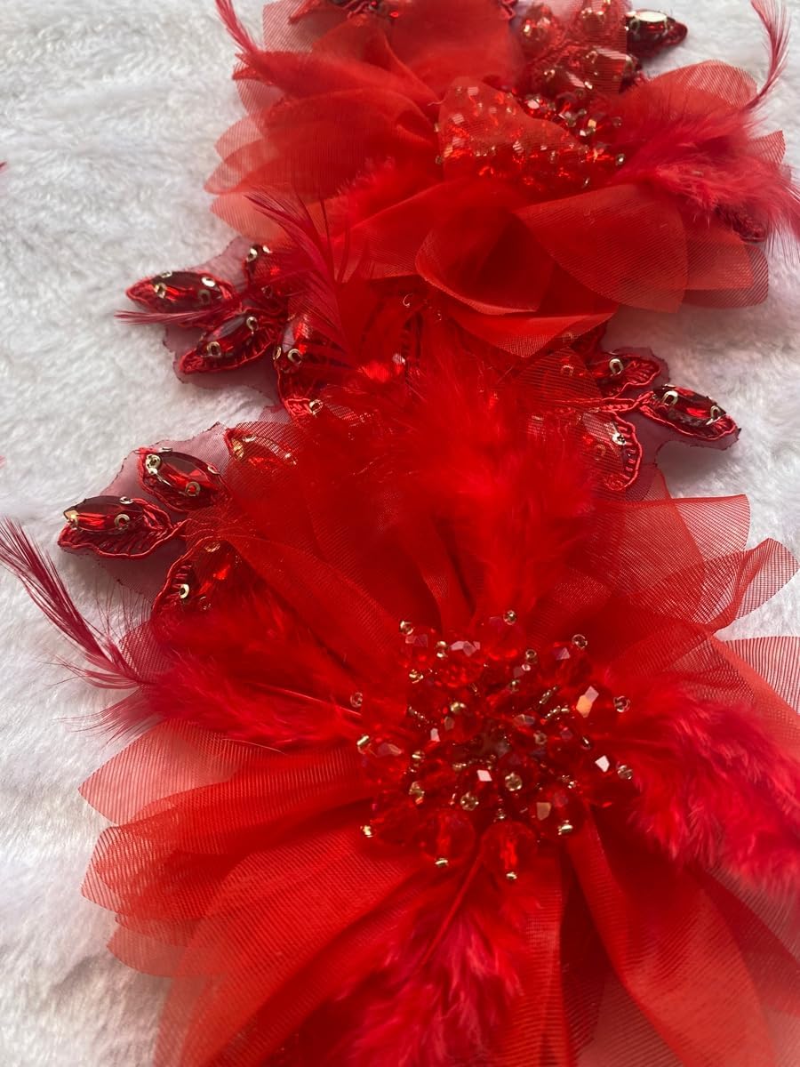 2 Pieces Luxury Feather Decorative Patches Rhinestones Trimming Three-Dimensional Applique Creative Design Dress Accessories (Red)