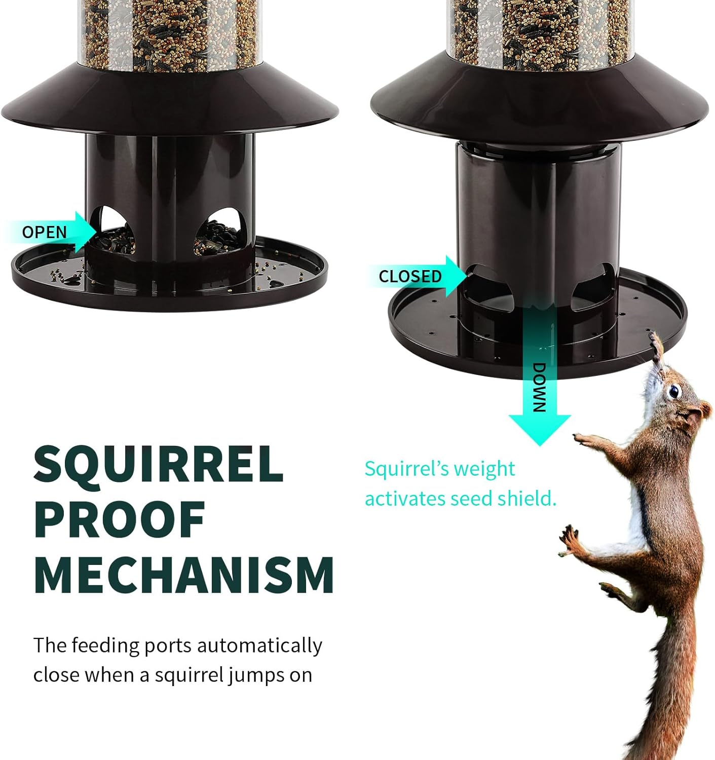 squirrel-proof bird feeder for outdoor hanging wild bird seeds. 11"h bronze