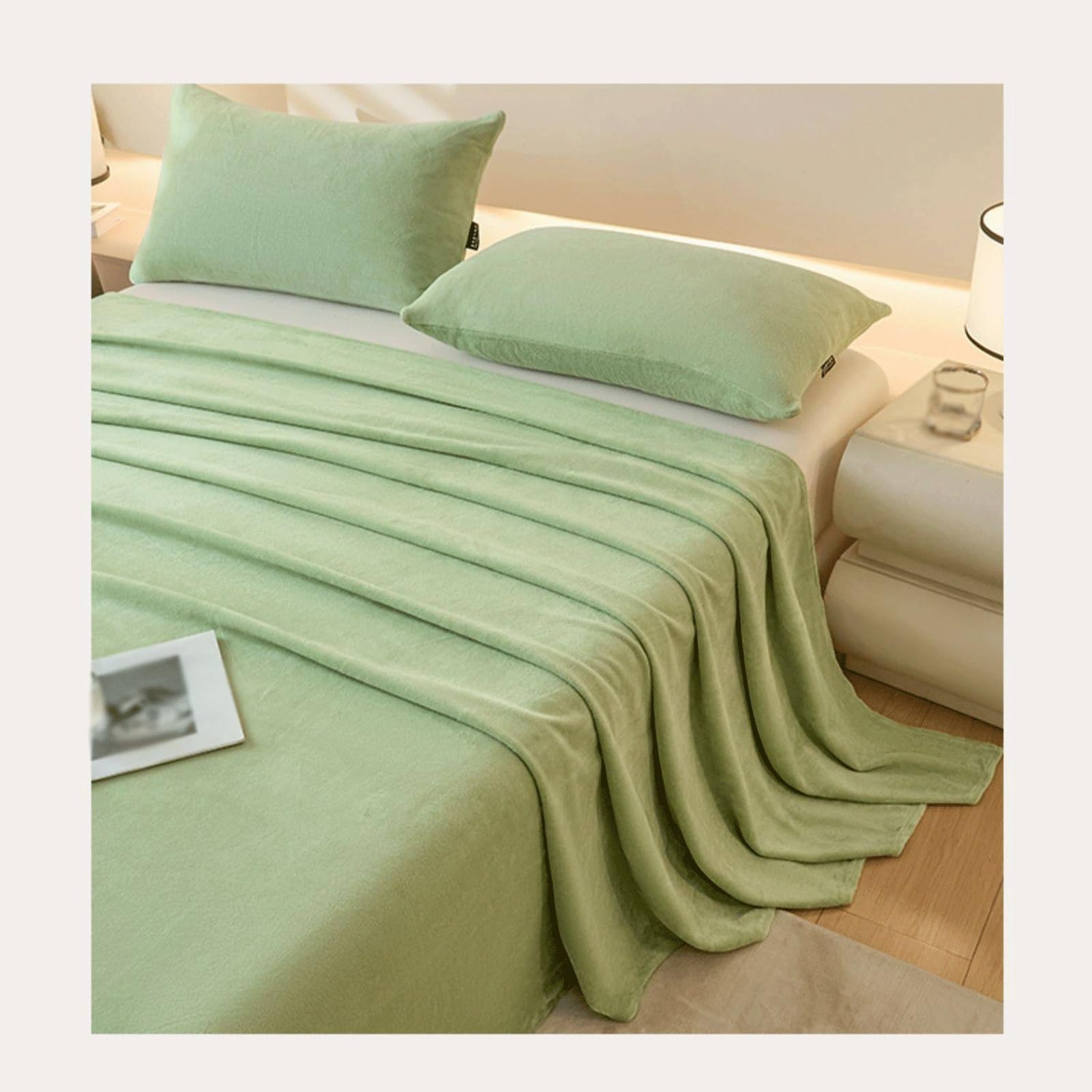 Winter Flanell Bettlaken 120x230cm bis 245x270cm Flauschige Warme Samt Betttuch Cashmere Touch Laken ohne Gummizug(Green A,245x250cm+48x74cm x2)