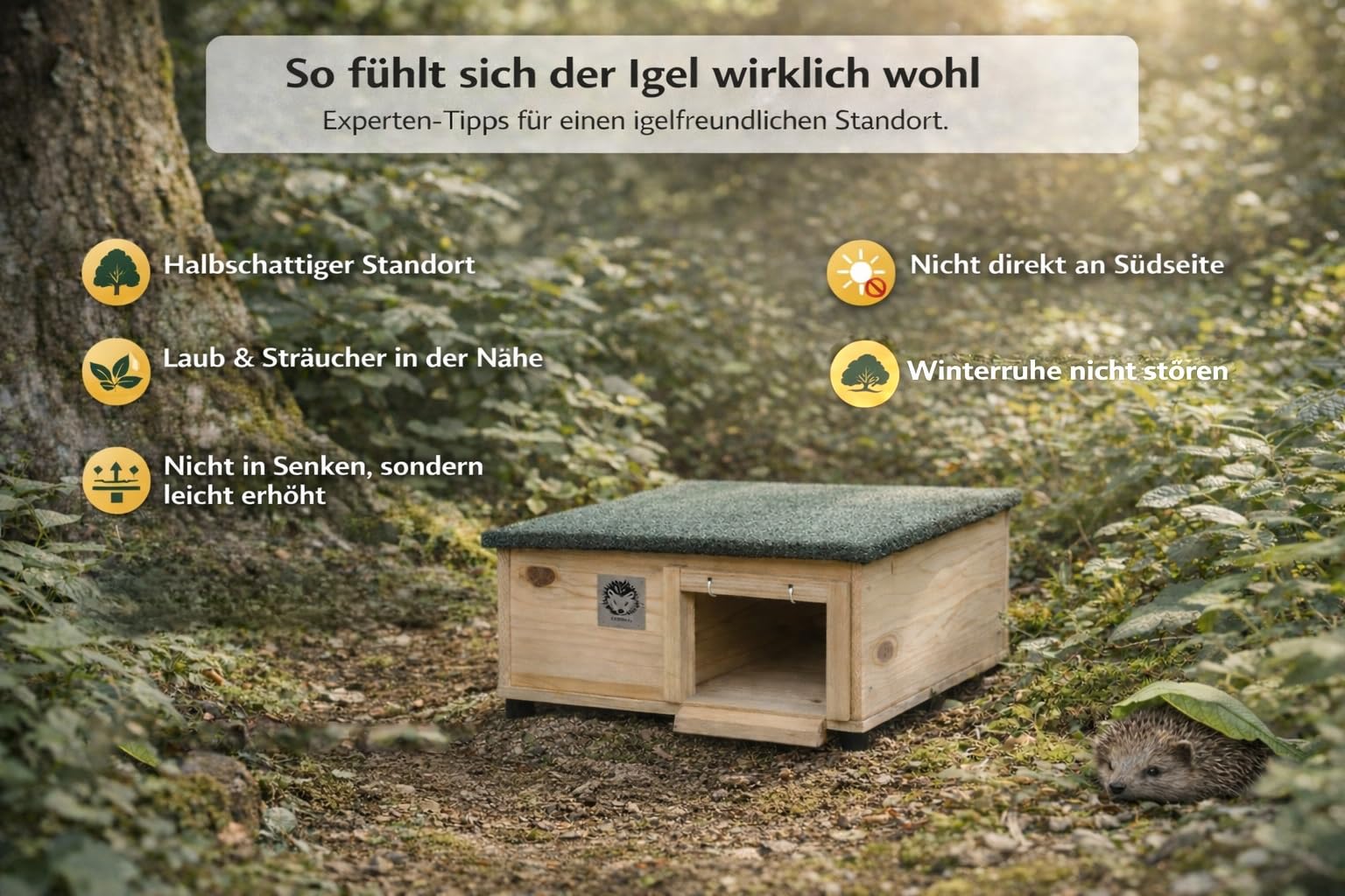 Igelhaus mit Rattenklappe 12 mm Massivholz wetterfest Igelhütte mit Schutz-Labyrinth Bitumendach isoliert für Garten Winter