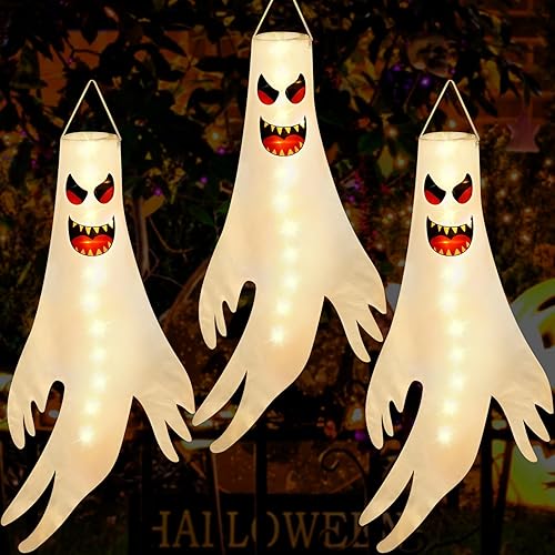 Miniatura 1 de 3 piezas de decoraciones de Halloween para exteriores, calcetines de viento de fantasma, decoraciones colgantes LED, bandera iluminada de 52