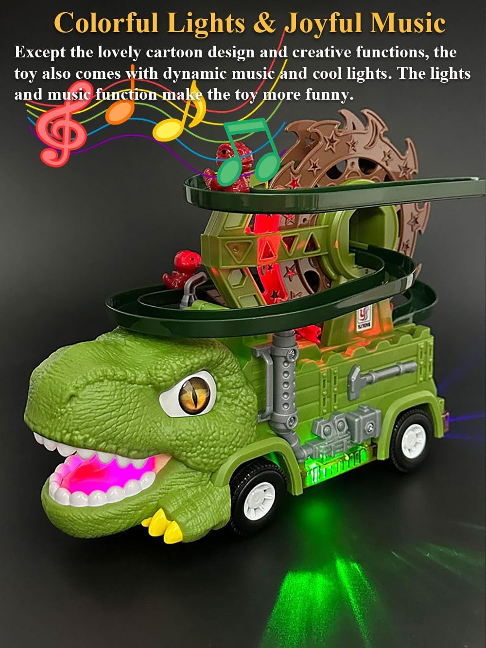 2-in-1 Light-Up Dino Truck Toy Set – Motorized Ferris-Wheel Ramp & Stunt Car, Music LED Effects, STEM Take-Apart Build Play, Dinosaur Gift for Toddlers Boys Girls Ages 3-8(Tyrannosaurus)