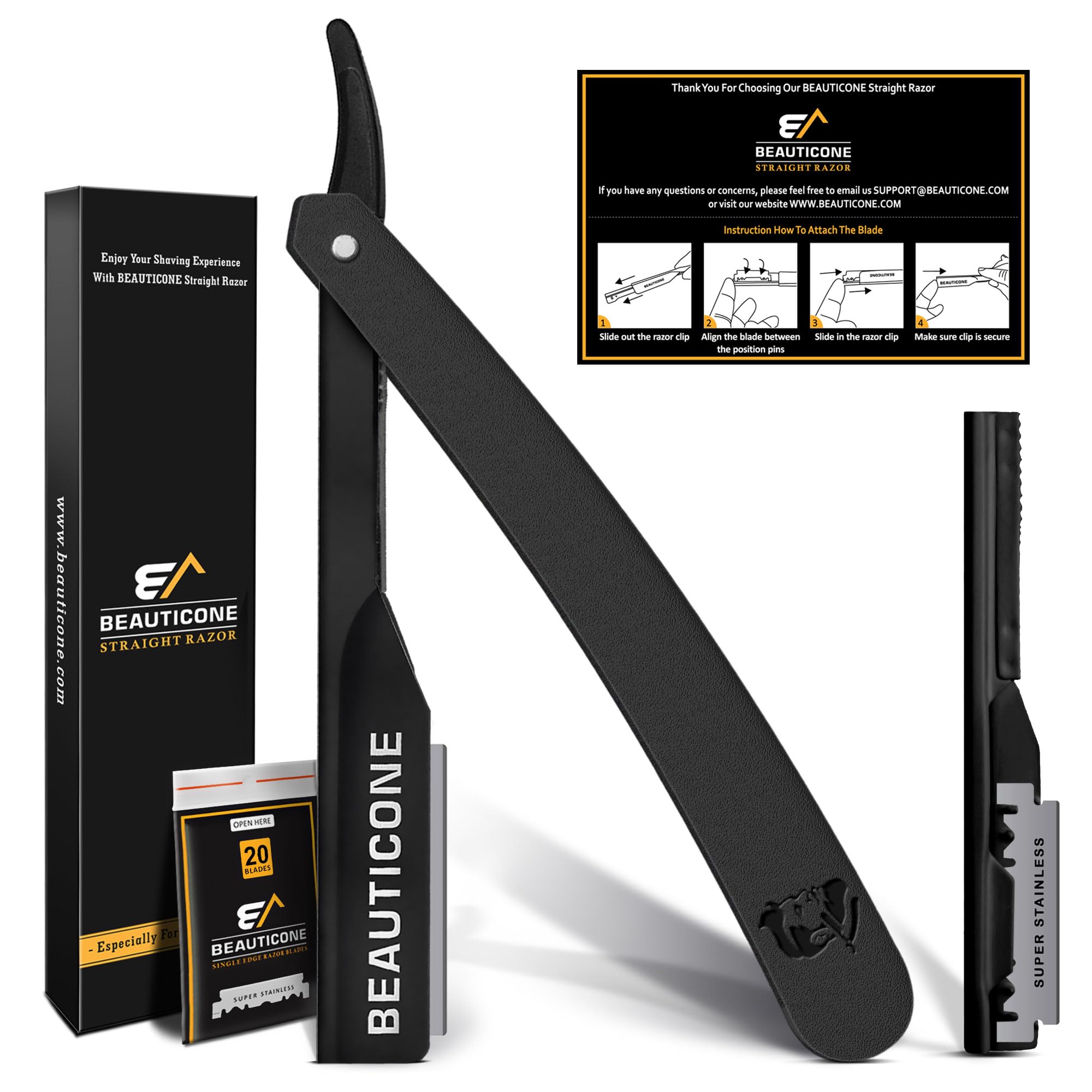 BEAUTICONE® Straight Razors for Men – Professional Barber Straight Edge Razor Kit with Replaceable Single Edge Blades - Navajas Para Barbero - Pouch