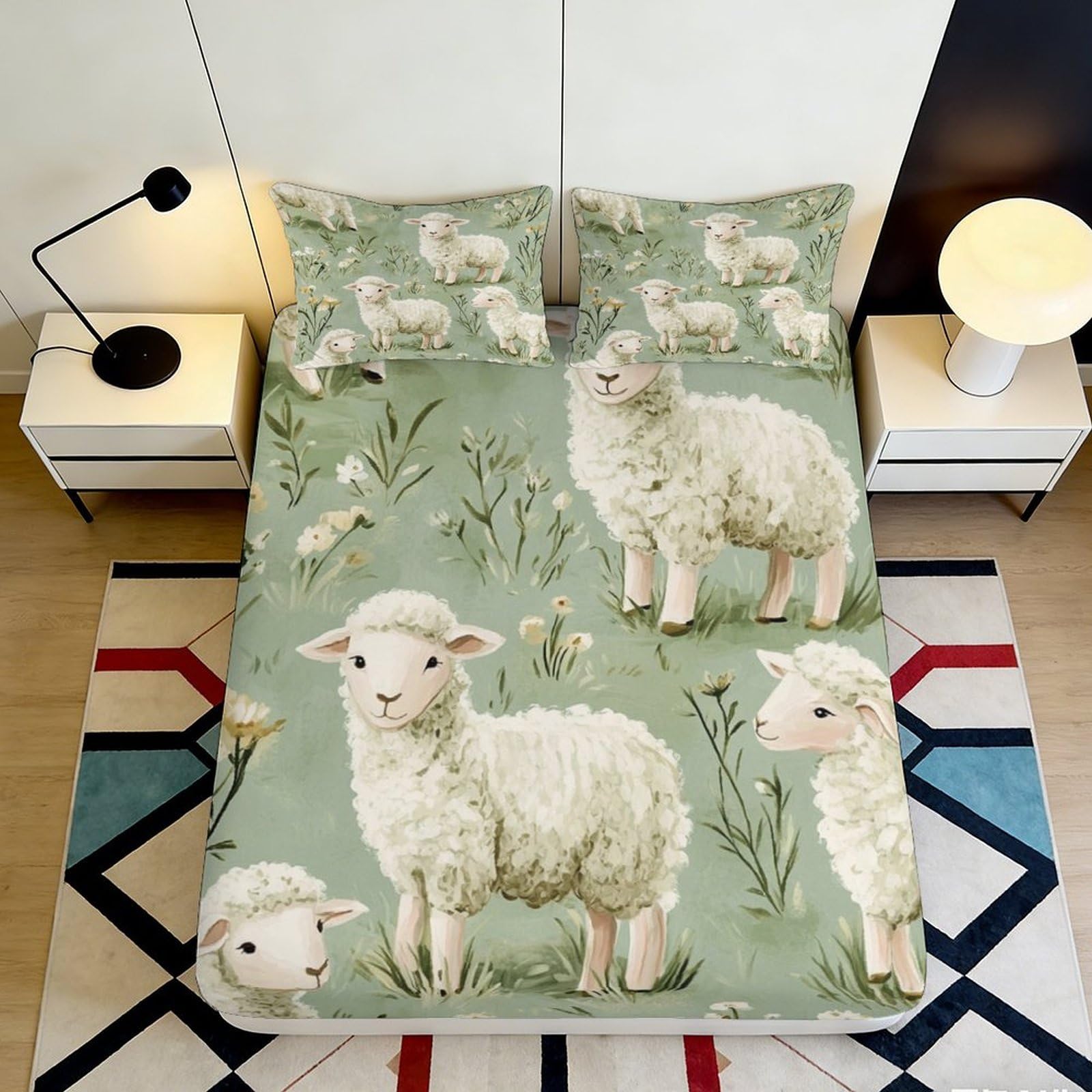 3D Printed Sheep Meadow Fitted Sheet Microfiber Green Pastoral Lamb Mattress Cover Bedroom Decor 200x200x25cm