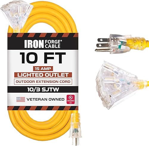 Miniatura 16 de Iron Forge Cable Cable de extensión de calibre 10 de 10 pies para exteriores con 3 tomas de corriente, cable de extensión naranja SJTW de 15