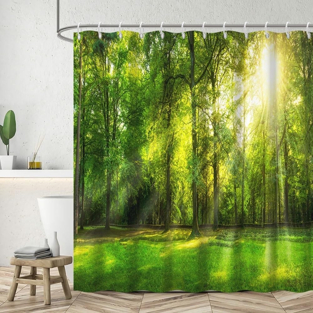 Leyiyi Fairy Tale Forest Shower Curtain Fantastic Woodland Jungle Bathroom Curtains Natural Scenery Landscape Sunrise Bokeh Shower Curtain Machine Washable Waterproof Fabric with Hooks 72x72 Inch