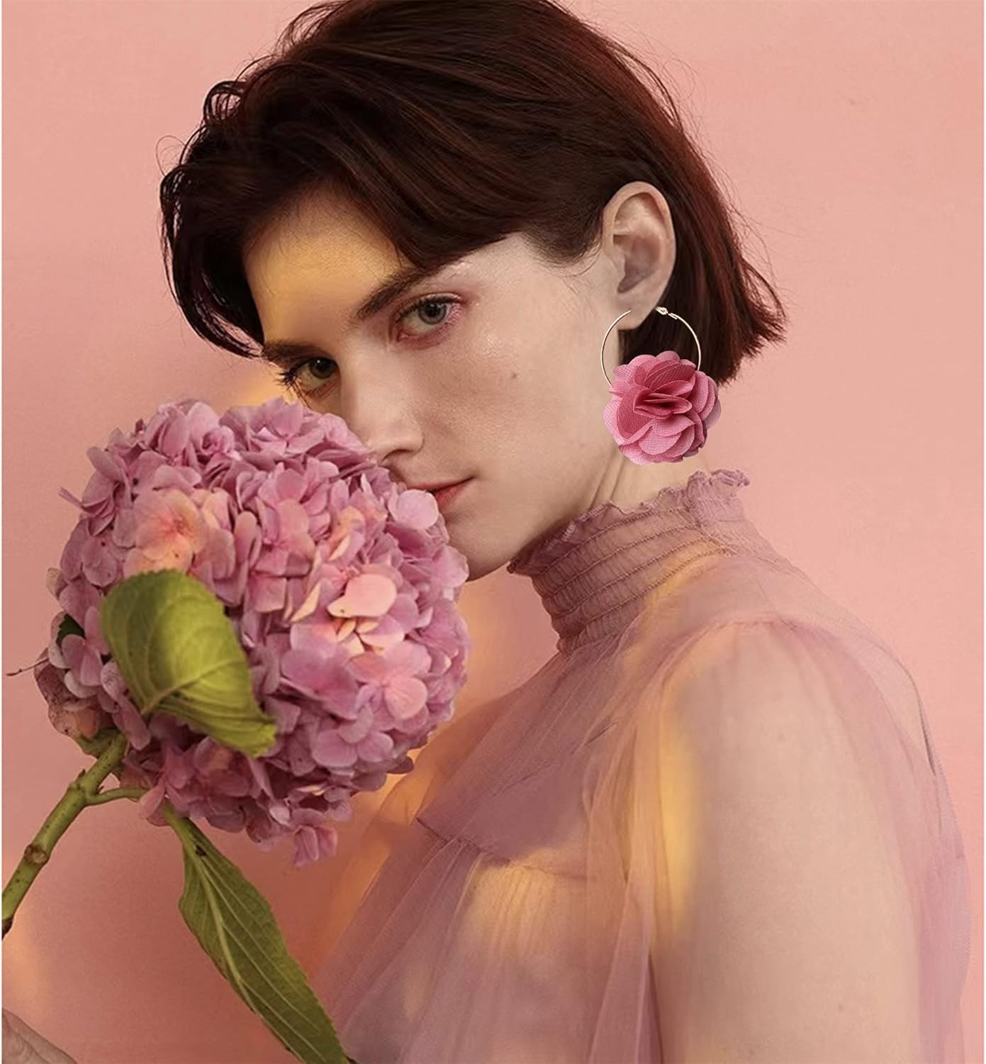 Lightweight Bohemian Big Fabric Flowers Dangle Drop Earrings Handmade Aesthetic Petal Hoop Earrings with Chiffon Floral Tassel for Women Vacation Wedding - Image 3