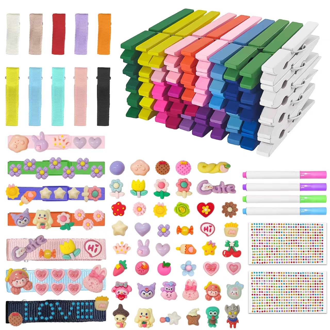 Cheer Pins Spirit Clips 112 Pcs Wooden Colored Clothes Pins for Backpacks Include 50 Wooden Cheer Pin 10 Ribbon Hair Clips 50 Mini Resin Animals 2 Gem