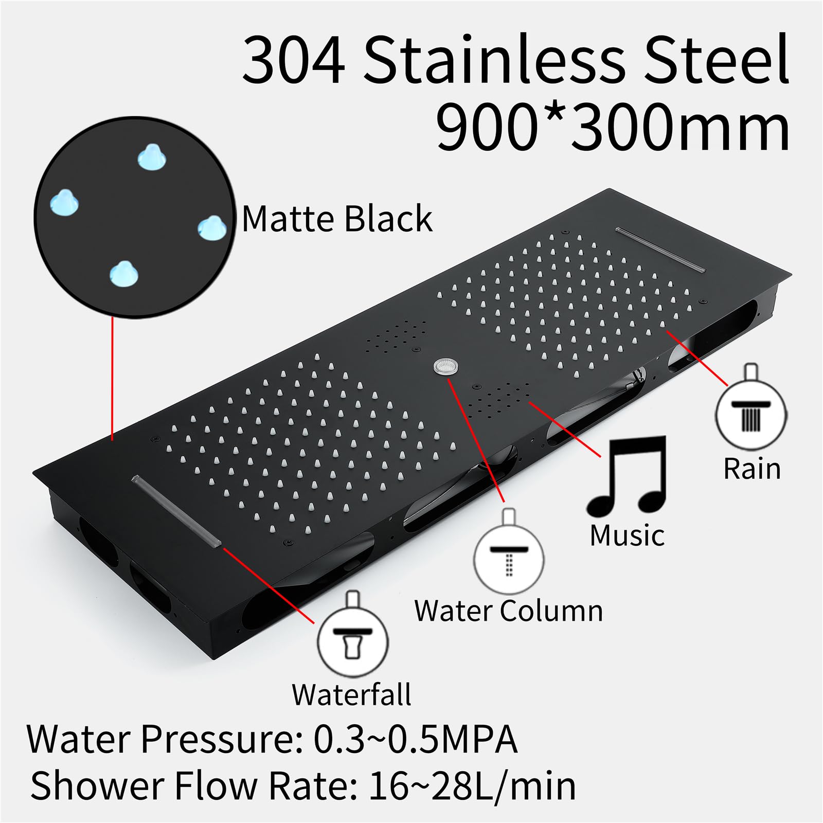 Sistema Doccia Termostatico Con Musica, 300x900mm Led 64 Colori 4 Funzioni Colonna Doccia A Incasso, Pioggia, Cascata, Colonna D'Acqua, Doccetta A 3 Funzioni,Corpo Termostatico In Ottone（Nero）