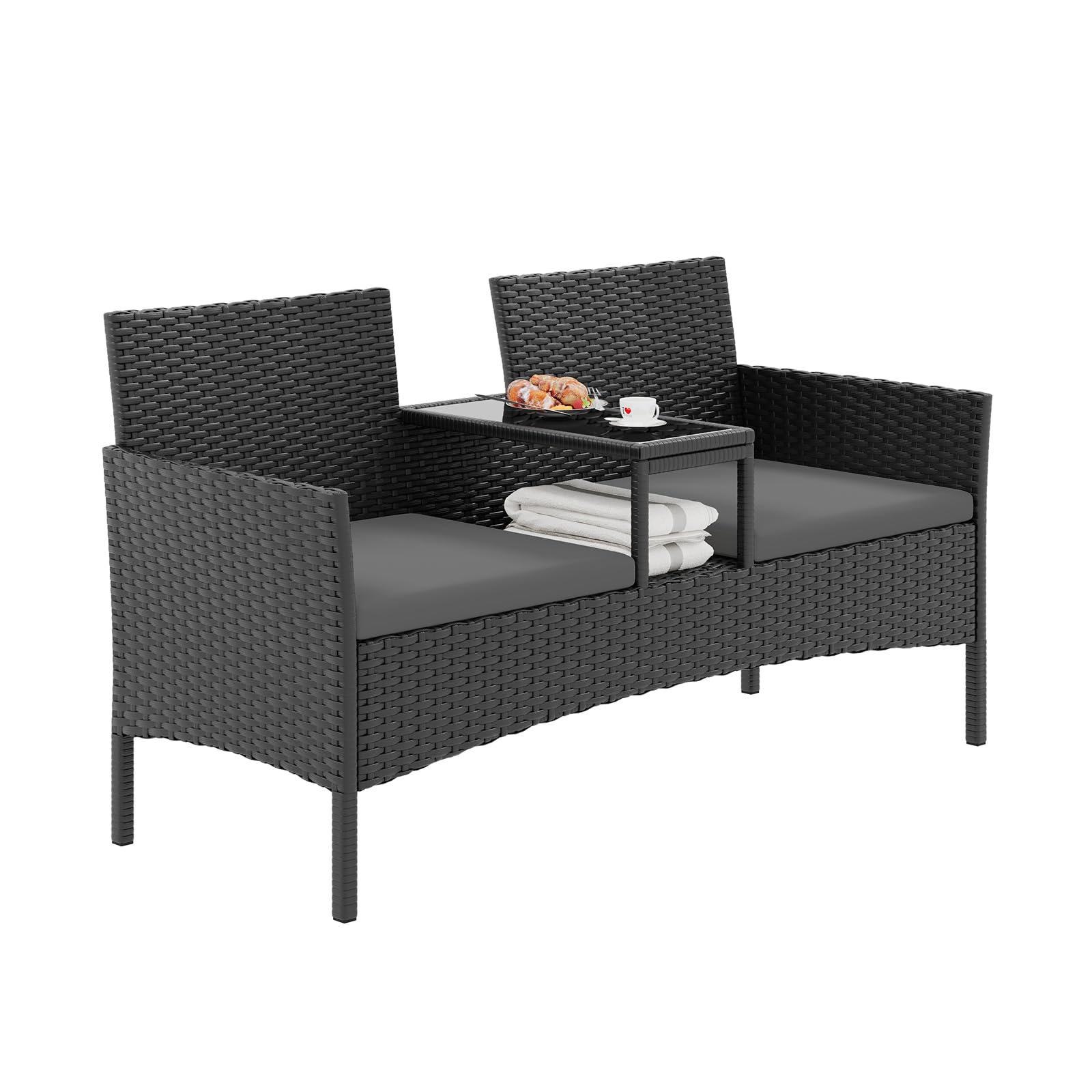 Aoxun Rattan-Gartenstuhl, 2-Sitzer-Loveseat, Terrassen-Sitzgarnitur mit Ablagetisch und wasserdichter Schutzhülle, platzsparende Sitzgelegenheit für kleine Gärten, Balkone und Terrassen (Dunkelgrau)