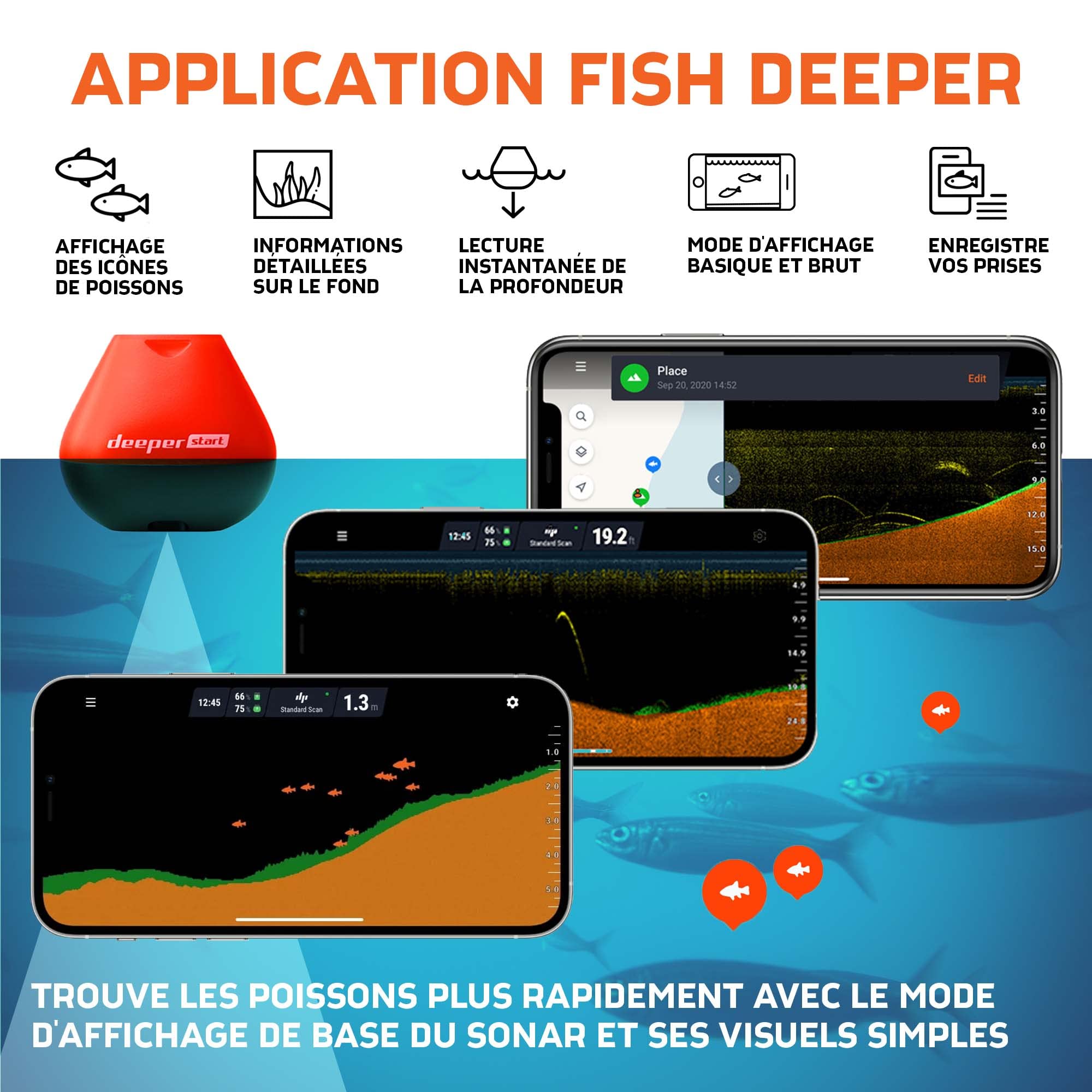 Deeper START Sondeur de Pêche, Détecteur de Poissons et Profondeur Portable, Sans Fil, Pour la Pêche, Fonctionne Avec Téléphones Portables (App Gratuite)