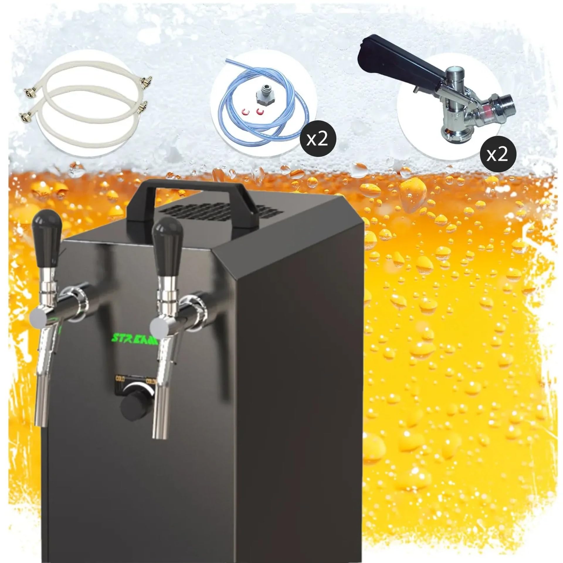 Set completo – Impianto spillatore per birra Stream 50 K con pompa ad aria, refrigeratore a 2 conduttori, refrigeratore a secco, fino a 55 litri/h – Black Edition, testa di spillo: piatto, testa 2: