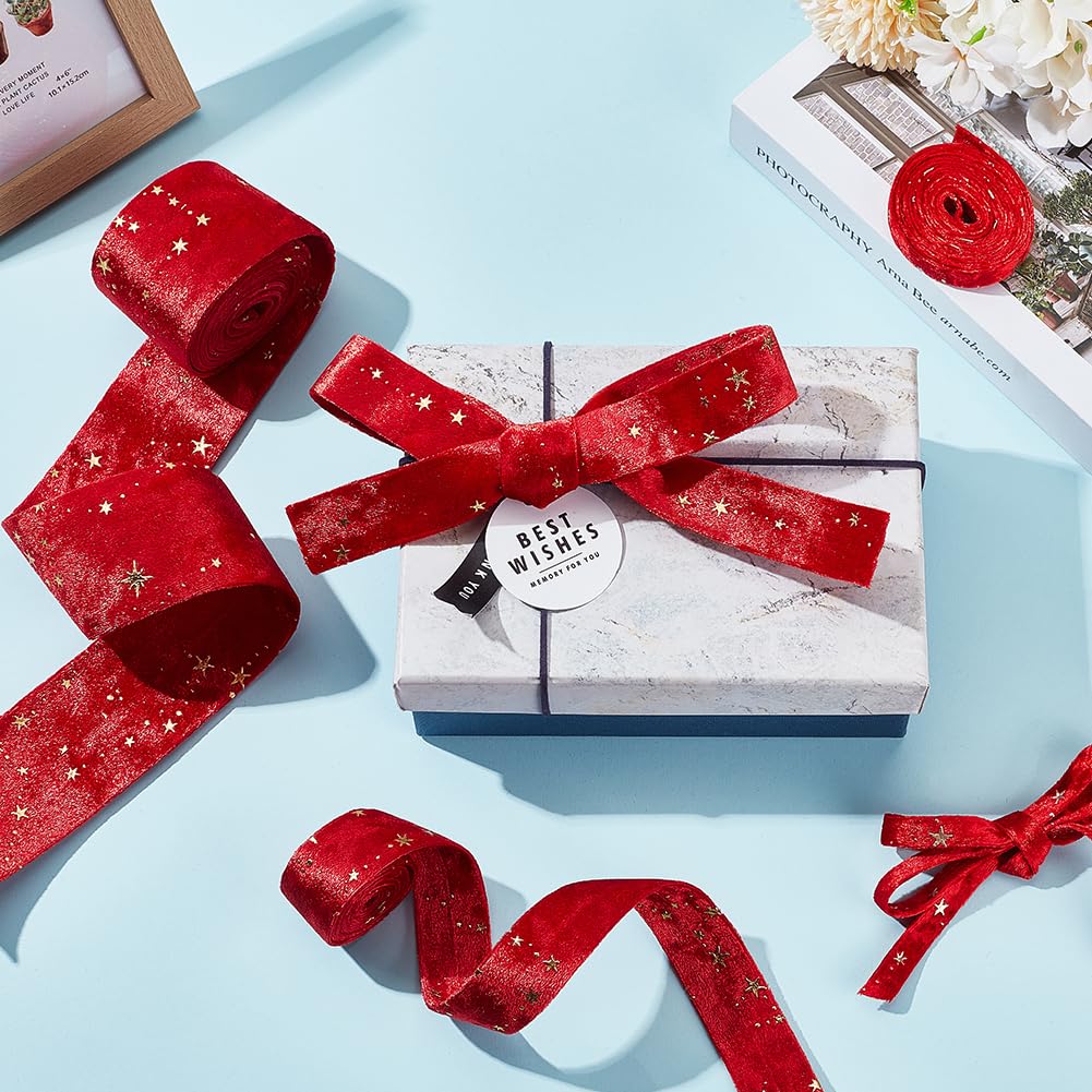 Nastro in velluto double face con motivo a stelle, 6 m, 1 cm, 2,5 cm, 5 cm, rosso con bordi in raso, rotolo di nastro piatto per confezioni regalo, decorazioni per feste e matrimoni