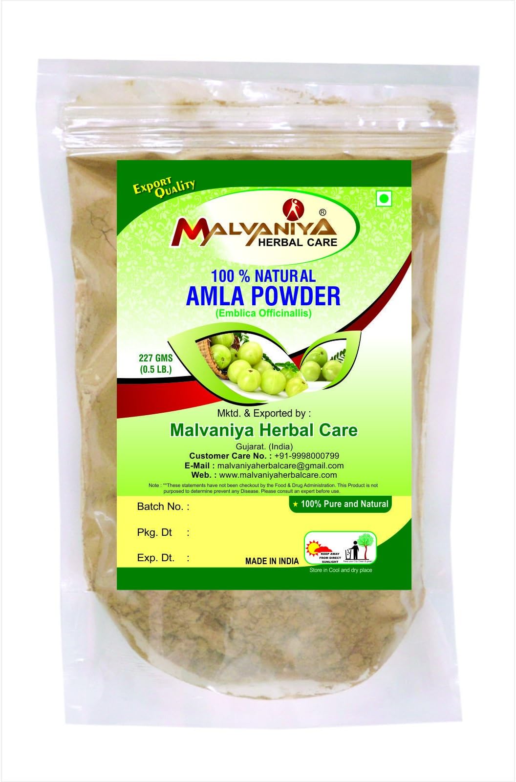 100% Natural Amla Fruit (EMBLICA OFFICINALIS) Powder as HAIR VITALIZER NATURALLY by Malvaniya Herbal Care (1/2 lb / 8 ounces / 227 g)