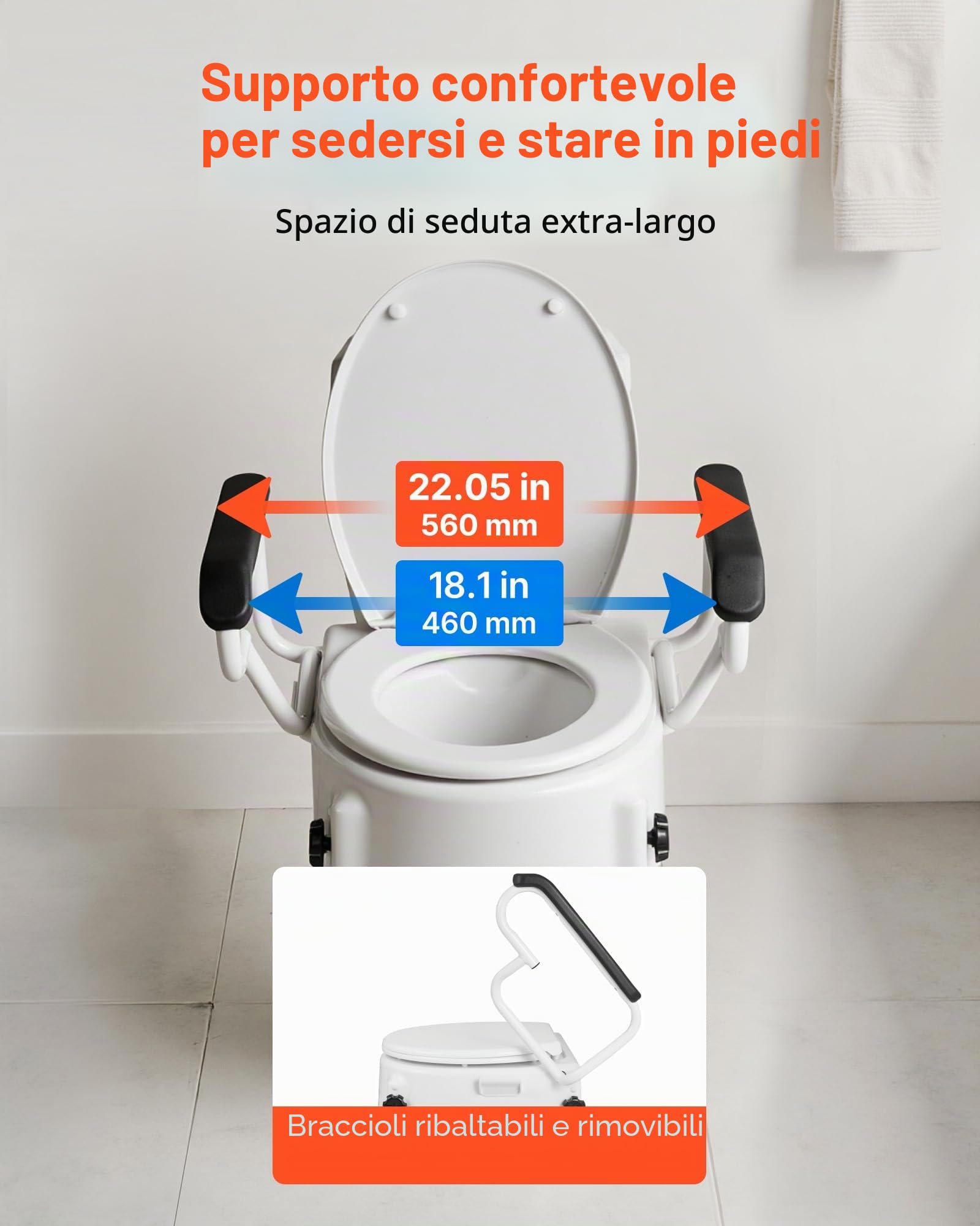 VEVOR Sedile Sollevabili di Ausilio Mobilità con Capacità di Carico di 136 kg e Altezza di Sollevamento di 101,6 mm e Coperchio per WC, con Maniglie Imbottite per Anziani, Donne Incinte