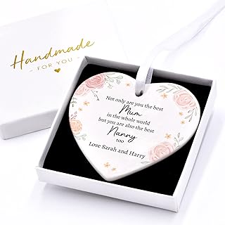 Beecreative Best Nanny Gifts, Best Mum Gifts, Personalised Nanny Gifts, Mothers Day Gifts For Nanny Nan Nanna Granny Mam Mom, Heart Circle Ceramic Plaque Ornament With Gift Box