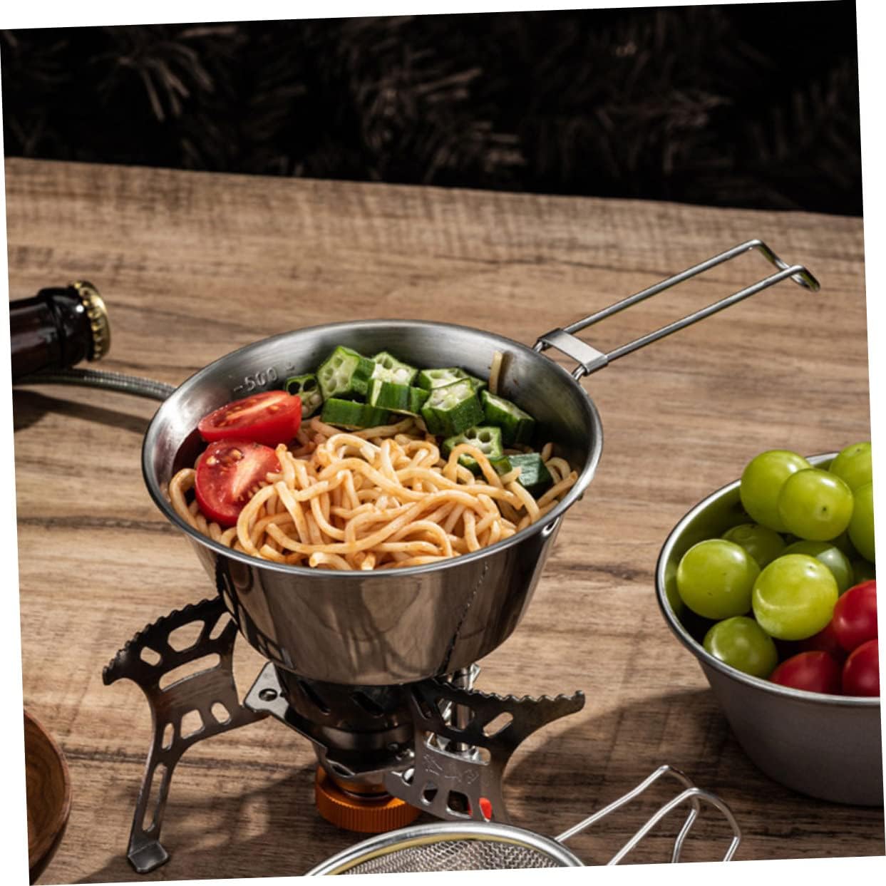 1set Stainless Steel Camping Bowls Scale Line for Food Serving Portable Outdoor Picnic Bowls Storage Bag for Hiking Bbq and Backpacking