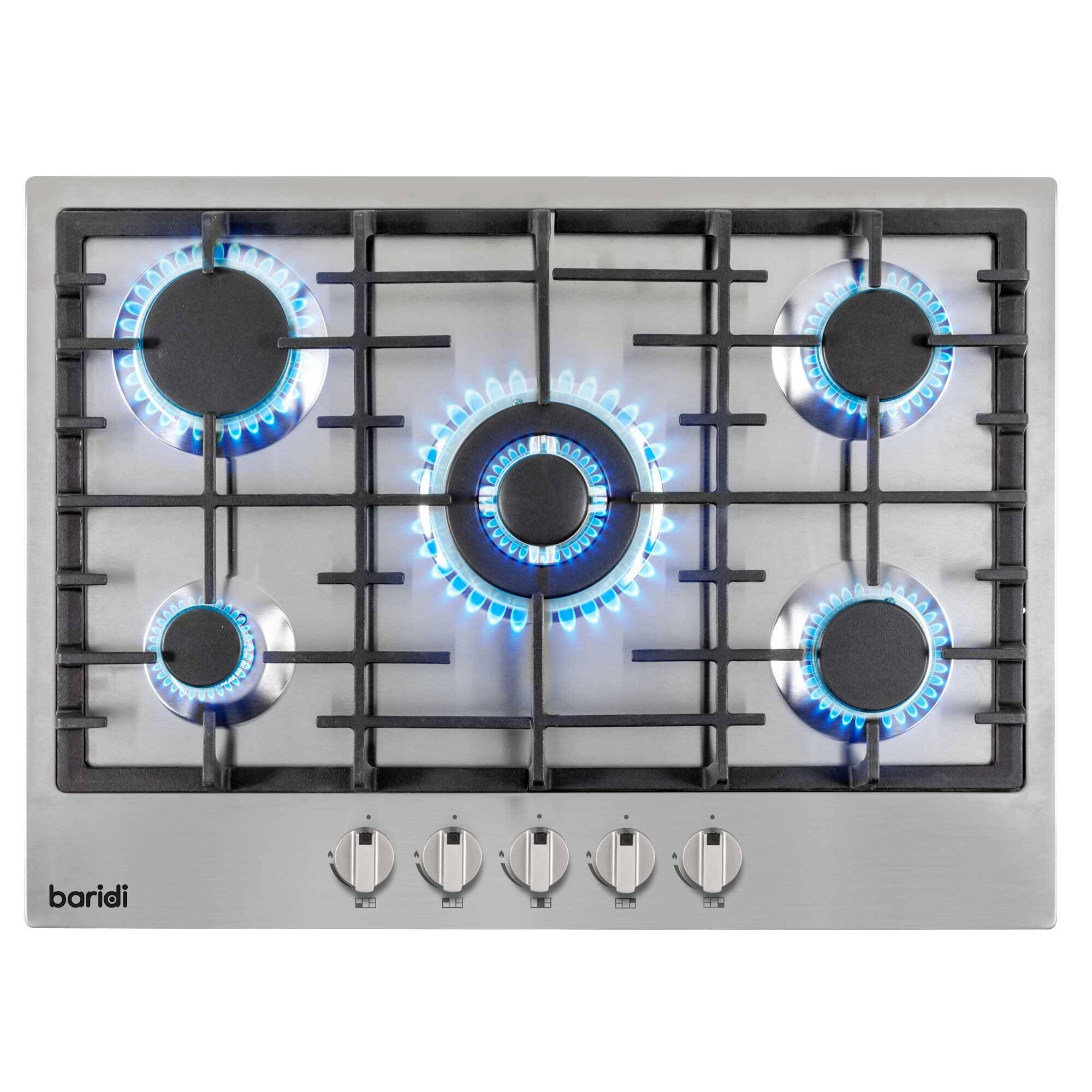 Baridi 70cm Gas on Glass Hob with 5 Burners, Cast Iron Pan Supports and Auto Ignition, 11kW, Black Glass - DH228 — view 11