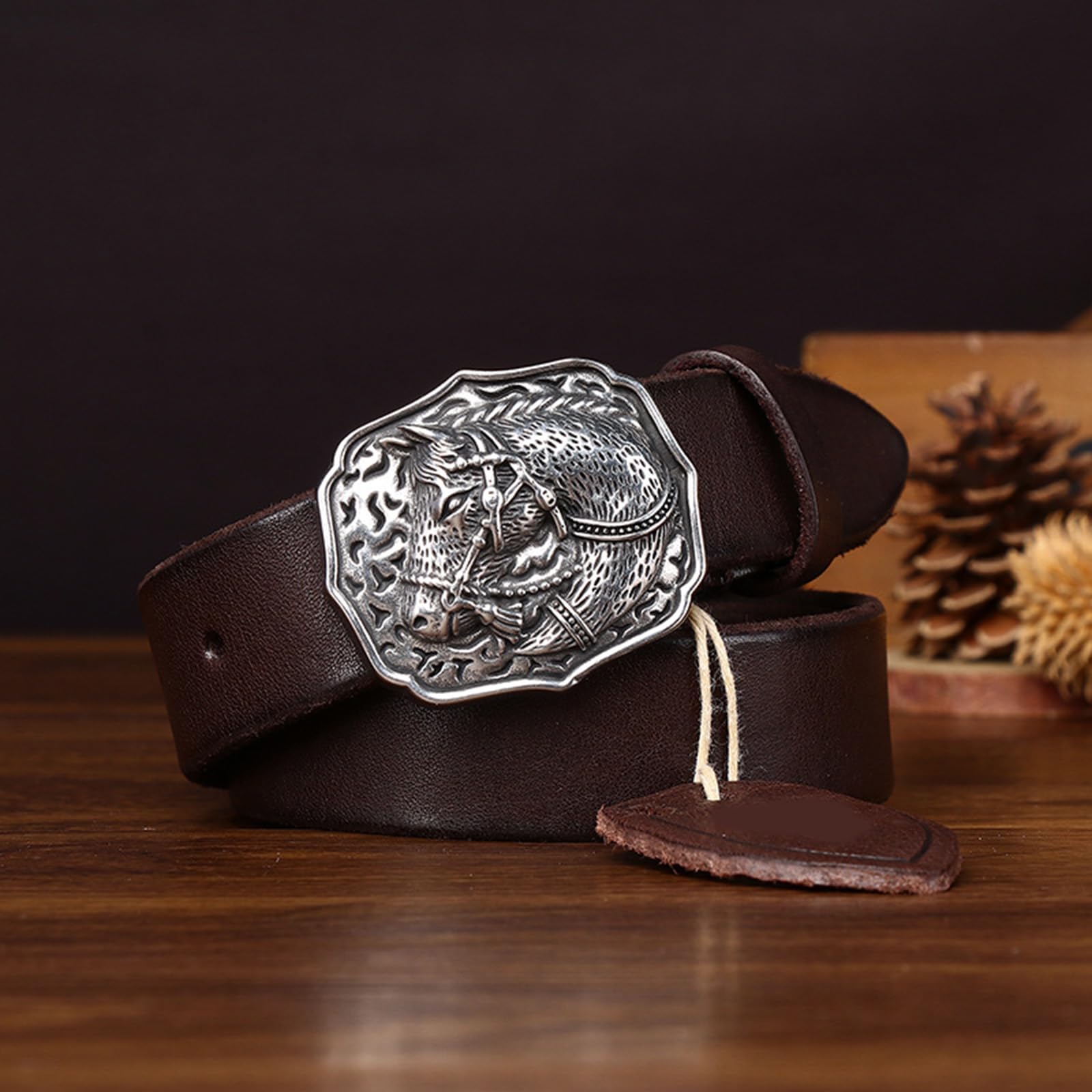 Cinturón Occidental Mujeres Hombre, Cinturón De Piel De Vacuno,Cinturón Casual Mujere, Cinturón De Cuero Vaquero con Hebilla Grabada Vintage para Pantalones Vaqueros,Marrón,115CM/45.3''