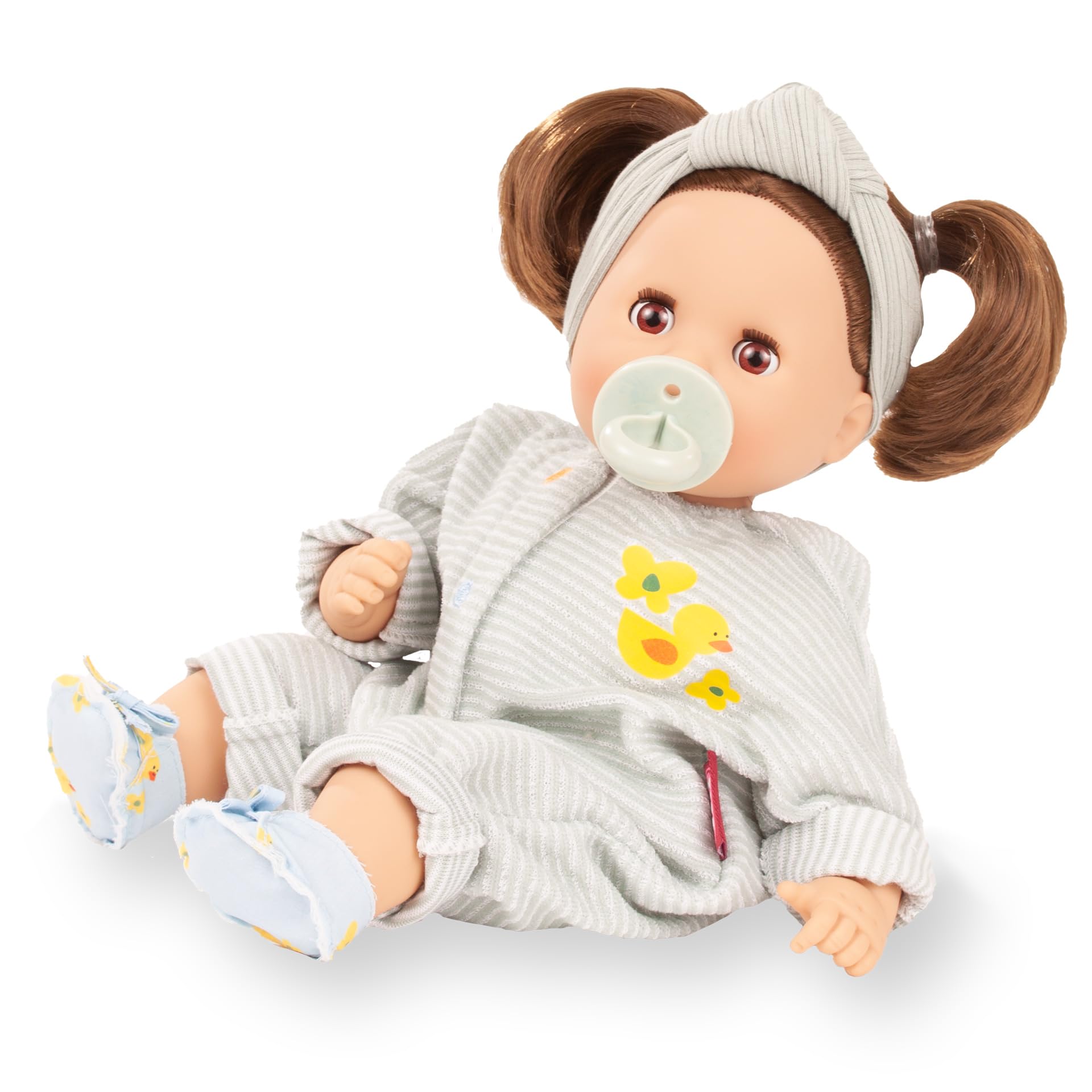Götz 2616074 Cosy Aquini Little Duck Puppe 33 cm Badepuppe 7-TLG | für Kinder ab 3 Jahren, Babypuppe, Weichkörper, braune Schlafaugen, braune Haare, Schnuller und Badeente