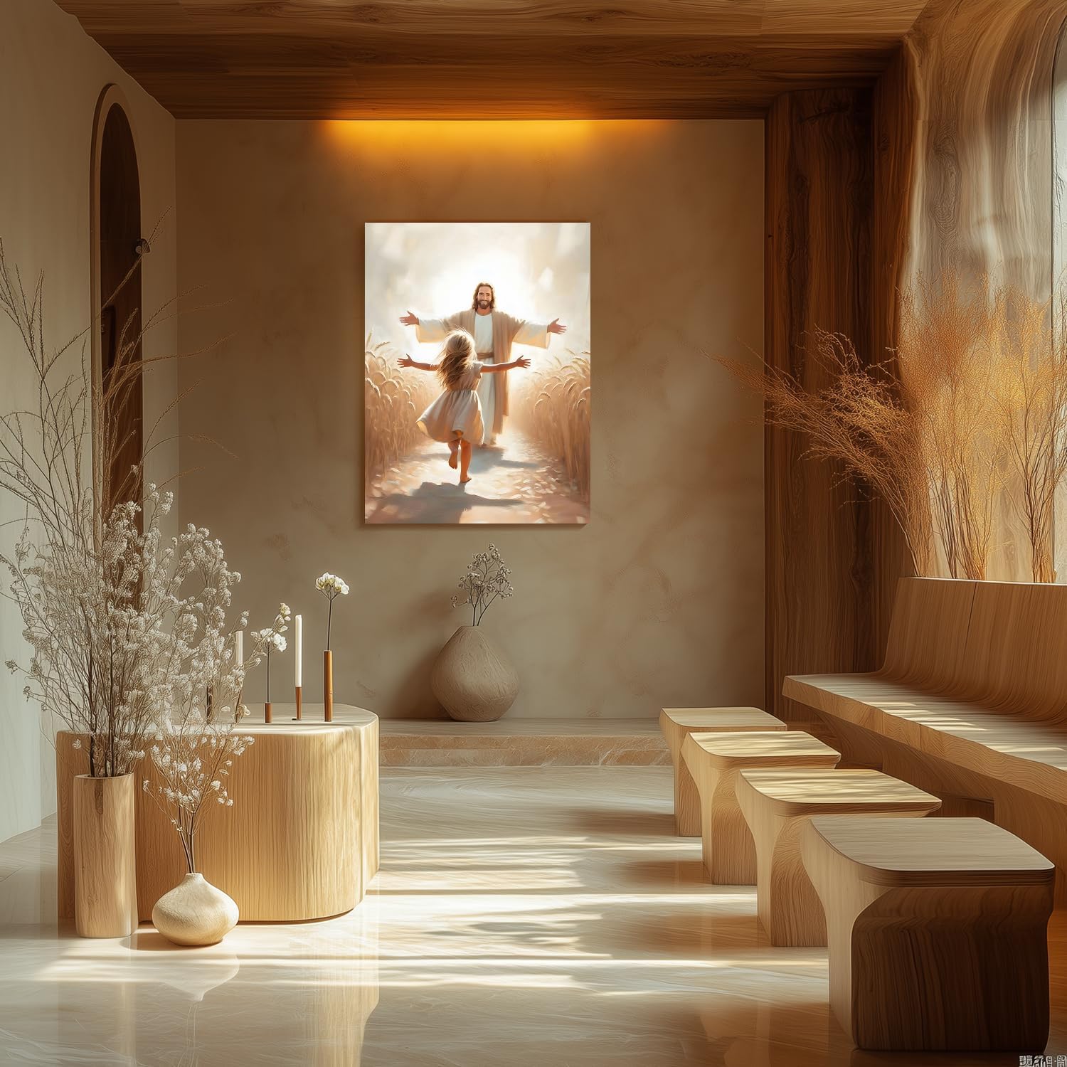 FASWQ Framed Jesus and Child Wall Art, Jesus Welcoming Little Girl Wall Decor, Minimalist Religious Savior Canvas Painting, Modern Christian Bible Aesthetic Picture for Church Prayer Areas, 12x16 Inch