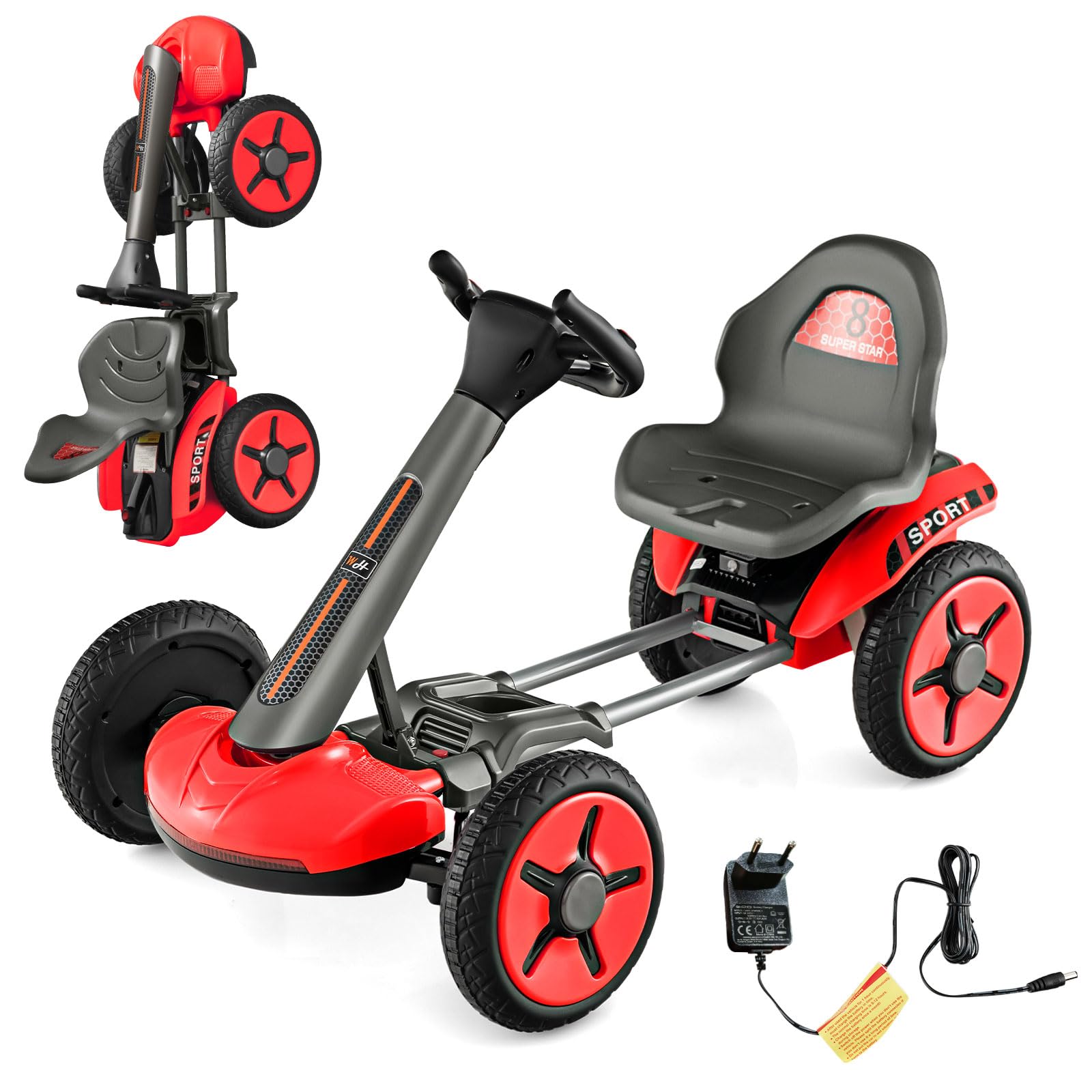 COSTWAY 12V Go Kart Elettrico per Bambini, Go Kart Pieghevole con Portabicchiere, Volante e Sedile Regolabili e Funziona Lento Avvio, per Bambini 2-5 Anni (Rosso)
