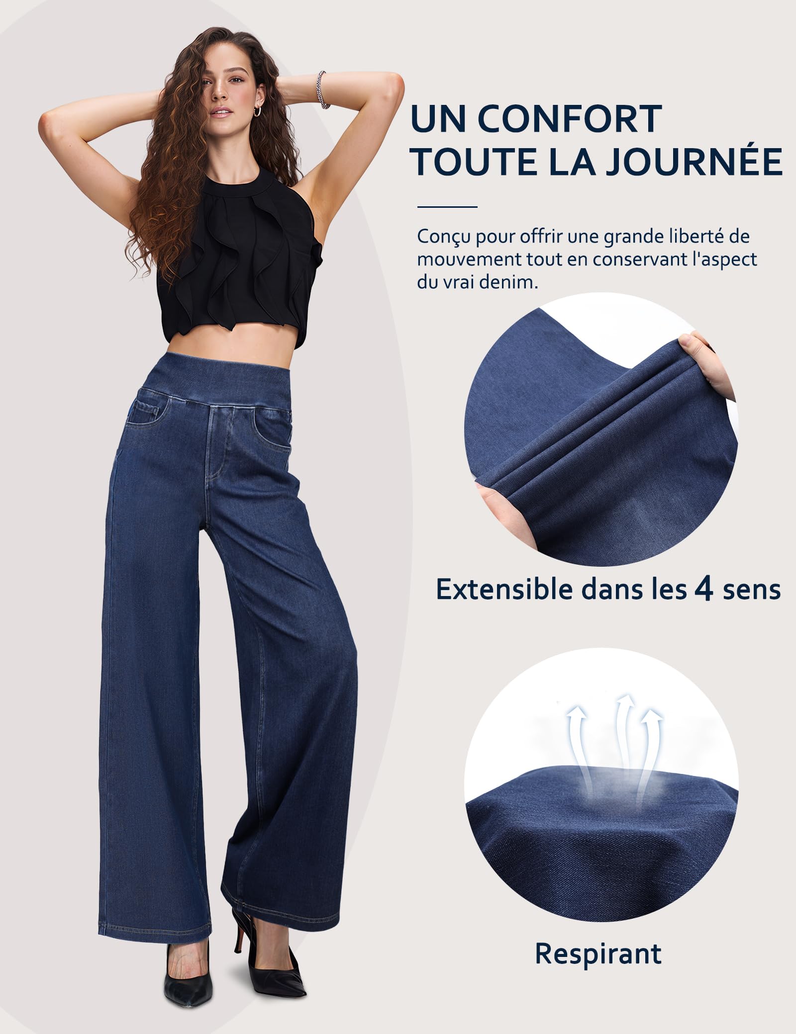 Jean Femme,Pull on Wide Leg Taille Haute Jeans