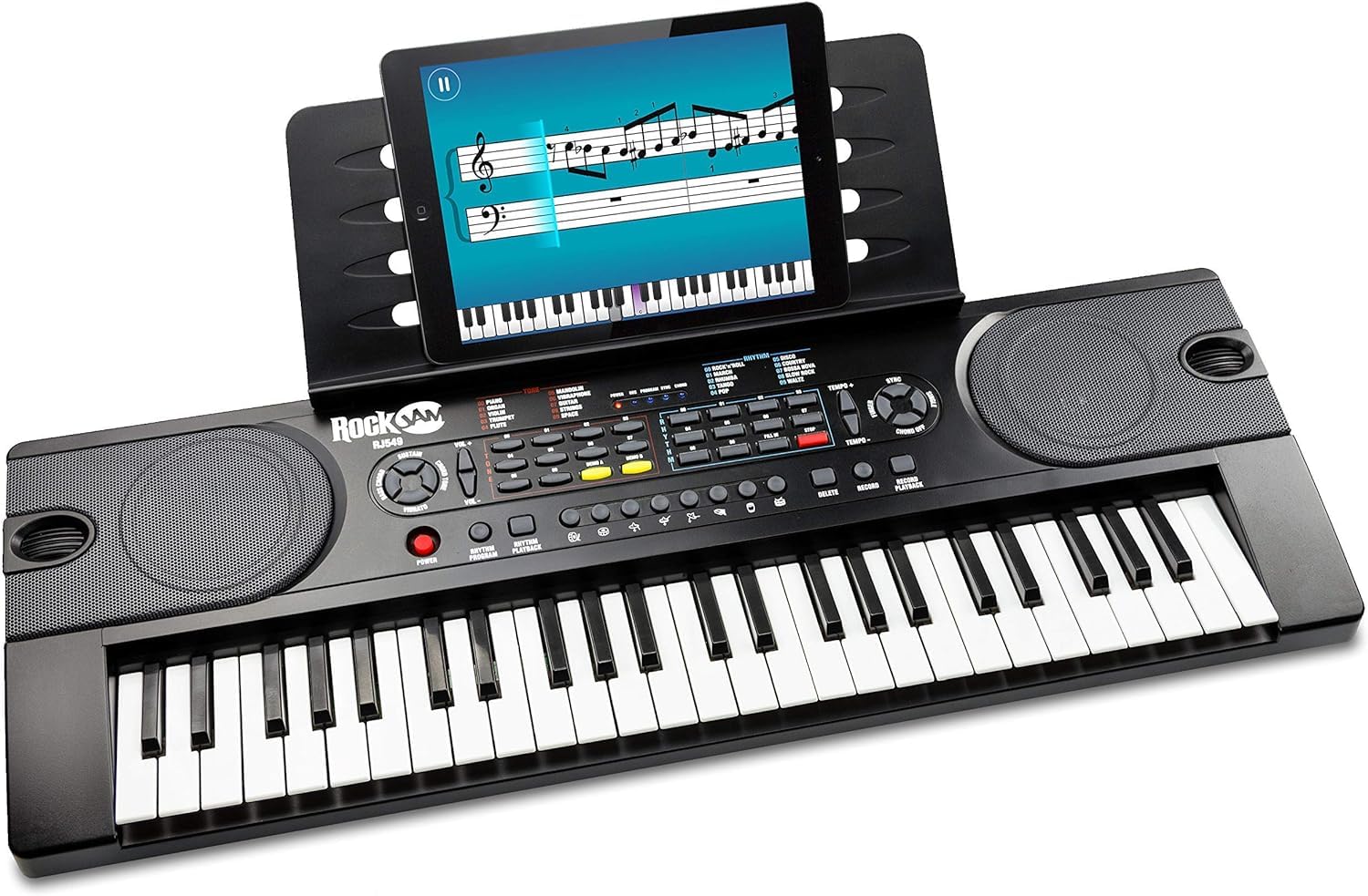 Piano RockJam con teclado de 49 teclas con fuente de alimentación, atril para partituras, pegatinas & Soporte de teclado ajustable con doble refuerzo y con correas de bloqueo