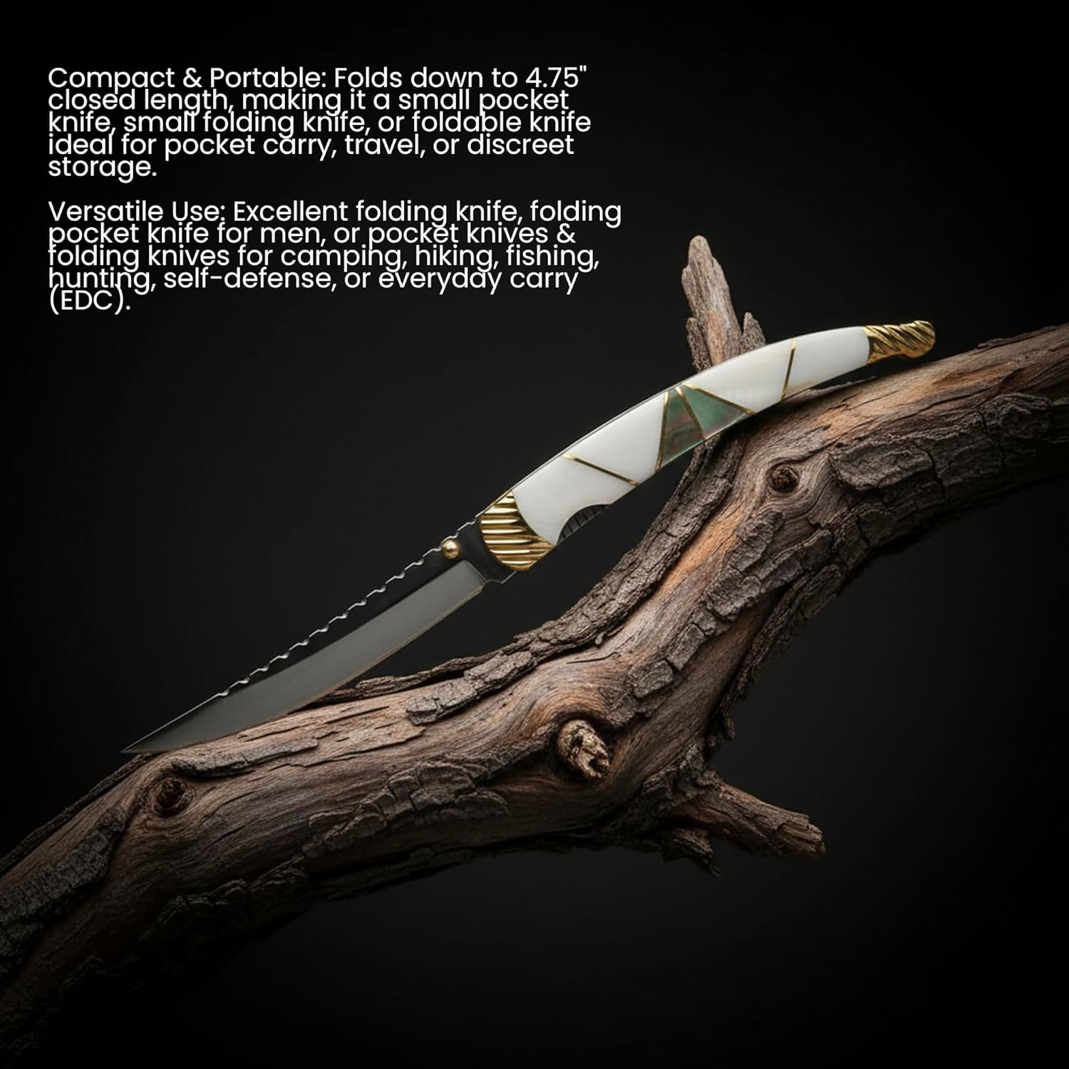 SZCO Luxury 4.75" Folding Pocket Knife for Men – Collectible EDC Folding Knife with Stainless Steel Blade, Mother of Pearl & Abalone Handle, Brass Bolster & Gift Box