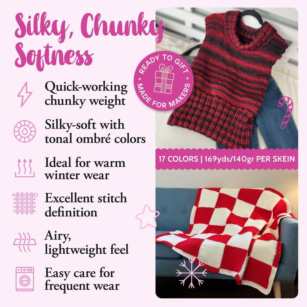 Ombré-Encore Chunky Ombre Yarn for Crocheting, 3 Balls, 507Yds/420G, Free Patterns - Multi Colored Bulky 5 Weight Yarn for Knitting - White Raspberry