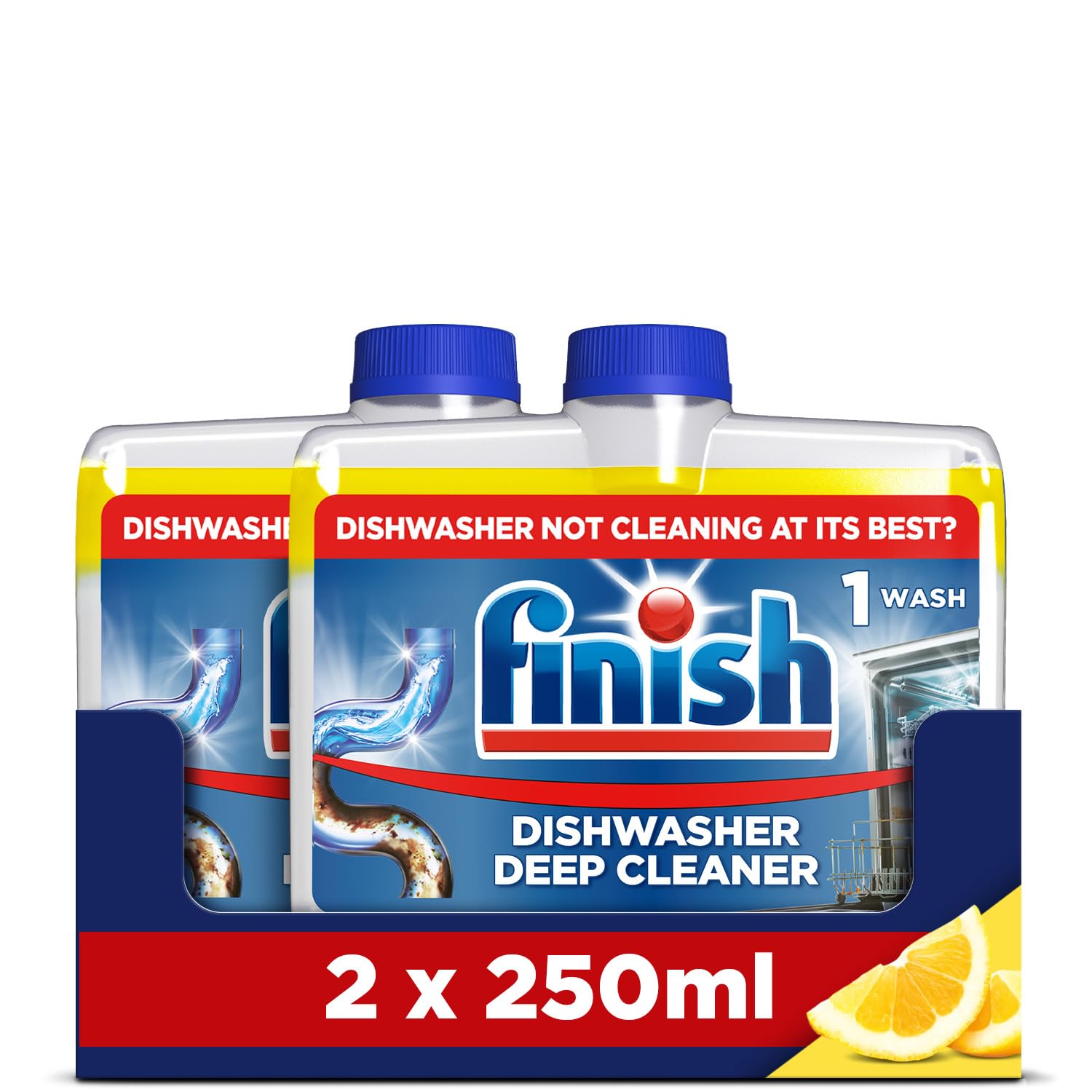 Finish, Dishwasher Cleaner, Lemon Scent, 500ml (250ml x 2 pck), Removes Grease, Limescale and Dissolves Clogs, Fights Odour for a Cleaner Hygienic Dishwasher Machine
