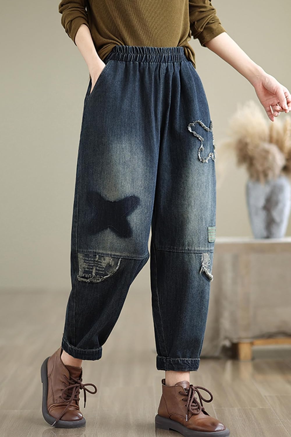 LAI MENG FIVE CATS Women's Baggy Jeans Pattern Elastic Waist Casual Harem Pants Barrel Denim - Image 2